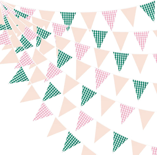 32Ft Pink Green Gingham Camp Bride Banner Green Pink Plaid Checkered Fabric Triangle Flag Pennant Garland Streamers for Camping Bachelorette Glamping Baby Shower Wedding Birthday Party Decorations
