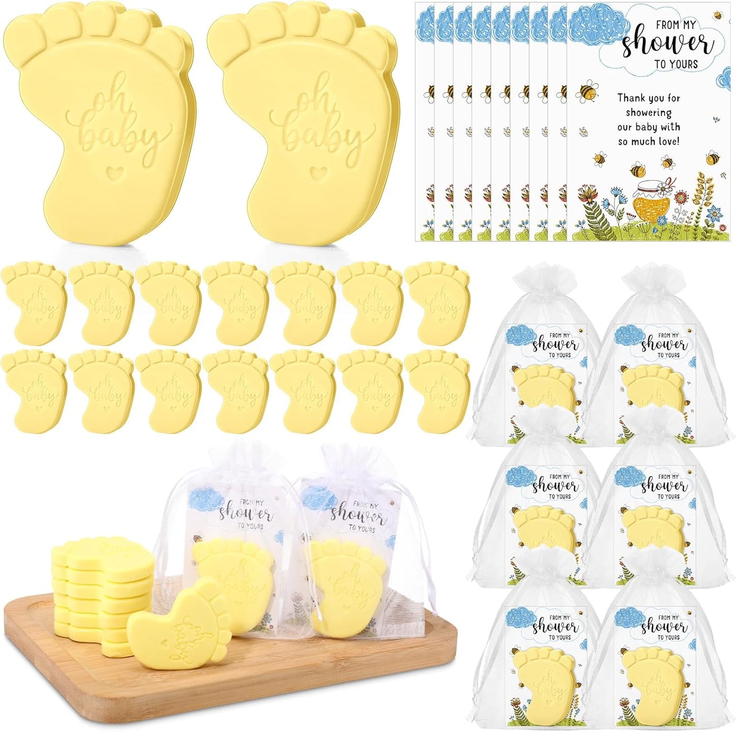 50 Sets Baby Shower Soap Favors for Guests - Mini Handmade Footprint Scented Soap with Thank You Cards and Organza Bag, Party Gifts for Gender Reveal Baptism Shower (Light Yellow)
