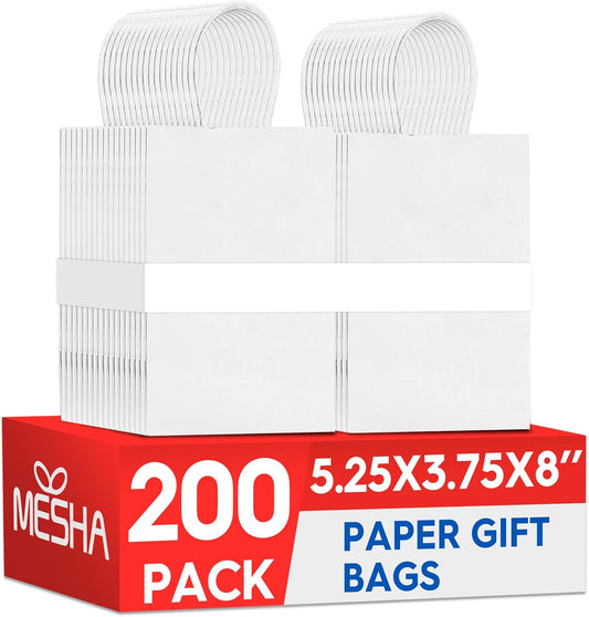 MESHA Kraft Gift Bags 200 Pack 5.25x3.75x8 Inch Small White Paper Bags with Handles Bulk for Small Business,Birthday,Party,Wedding,Retial,Shopping Bag