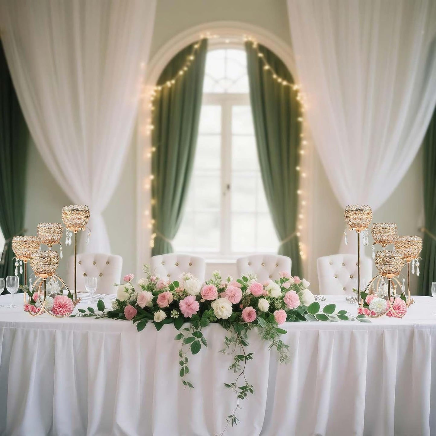 4 Arms Crystal Candelabra Tealight Holder - Tall 15.7 Inch Elegant Centerpiece with Crystal Pendant Bowls & Artistic Metal Stand for Wedding, Dining Table, Home Decor (4, Gold)