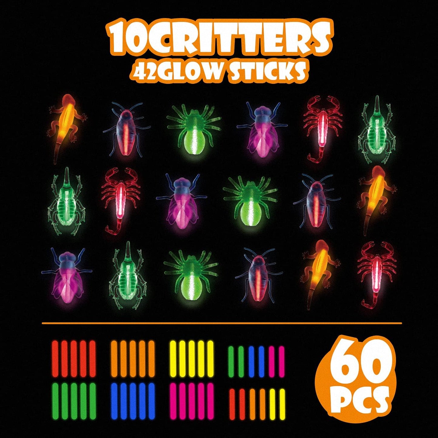 SpringFlower 60pcs Halloween Glow Critters Set for Halloween Party Favors,18 Critters Toys and 42 Glow Sticks, Glow in The Dark Party Favors, Halloween Goodie Bag Fillers, Halloween Miniatures.
