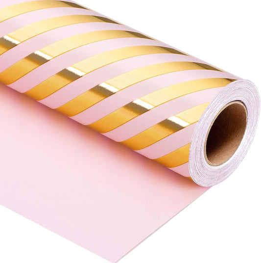 Burymento Pink and Gold Stripes Wrapping Paper, Reversible Pink Gift Wrap for Birthday, Valentines, Mothers day, Graduation, Wedding, Fathers day, Baby Shower, Christmas (17in x 32.8ft)