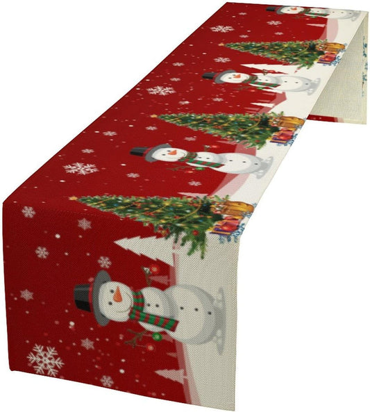 Christmas Table Runner,Snowman Rustic Red Snowflake Winter Table Cloth Kitchen Dining Table Decoration for Home Party Decor 13x108 Inch
