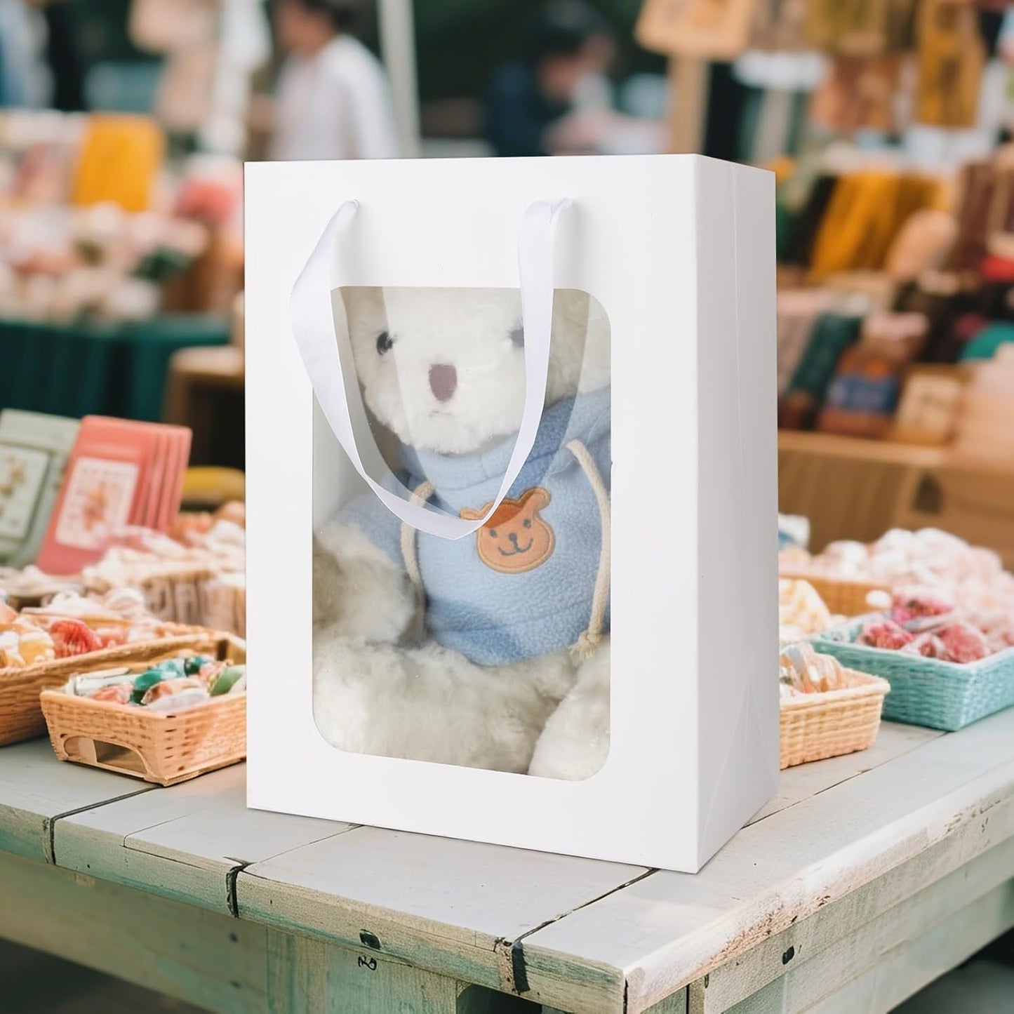 MOXARYSU 3 Pcs White Gift Bags with Clear Window: 9.8x5.1x7.1 Inch Medium Kraft Paper Bags with Handle For Party Business Birthday Wedding (White,3p)