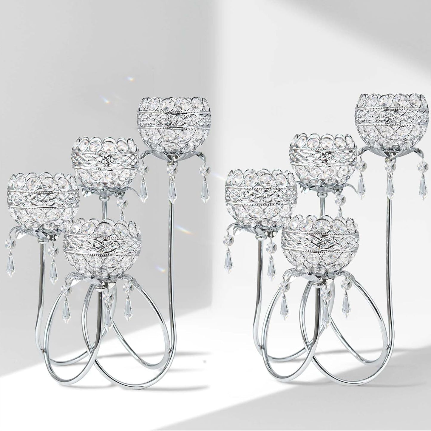 4 Arms Crystal Candelabra Tealight Holder - Tall 15.7 Inch Elegant Tabletop Centerpiece with Crystal Pendant Bowls & Artistic Metal Stand for Wedding, Dining Table, Home Decor (2, Silver)