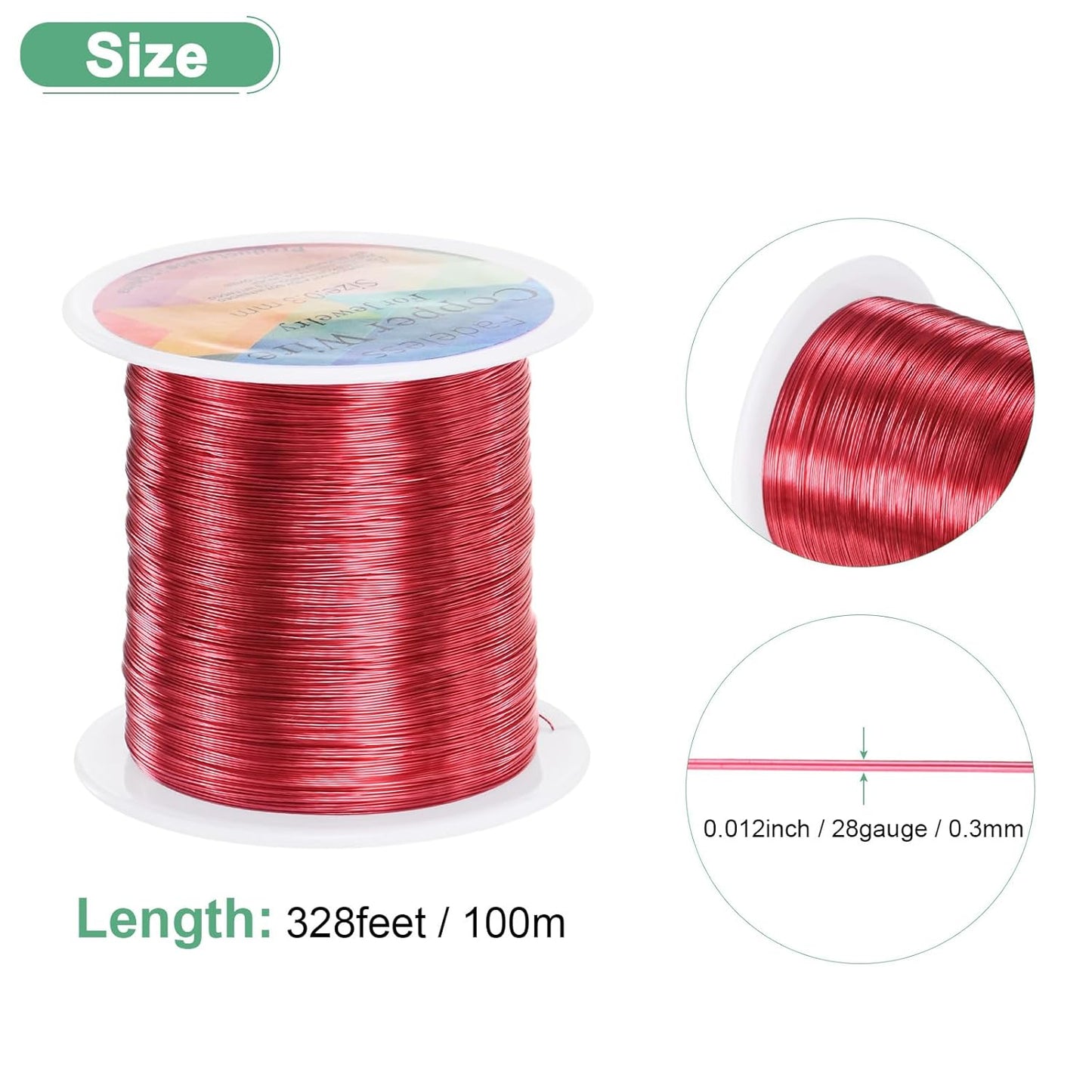 0.3mm Jewelry Wire, 28 Gauge 328FT Craft Wire Copper Beading Wire for Jewelry Making/Planting/Weaving/DIY Crafting, Soft Metal Wires [100M, Red]