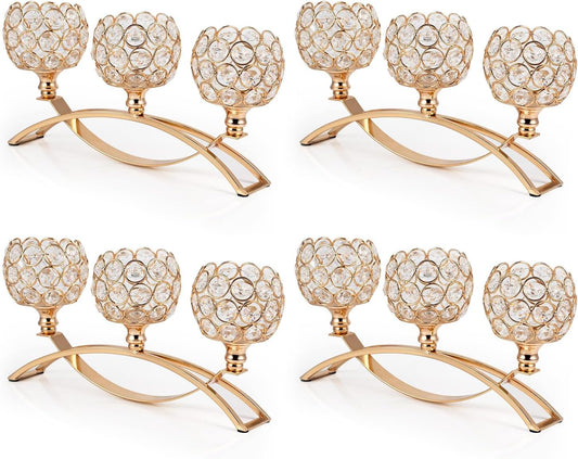 4Set Gold Crystal Candle Holders Decorative Candelabra for Wedding Centerpiece,Metal 3 Arms Candlesticks Holder Stand for Dining Table Living Room Home Decor, Party, Anniversary,Halloween,Christmas