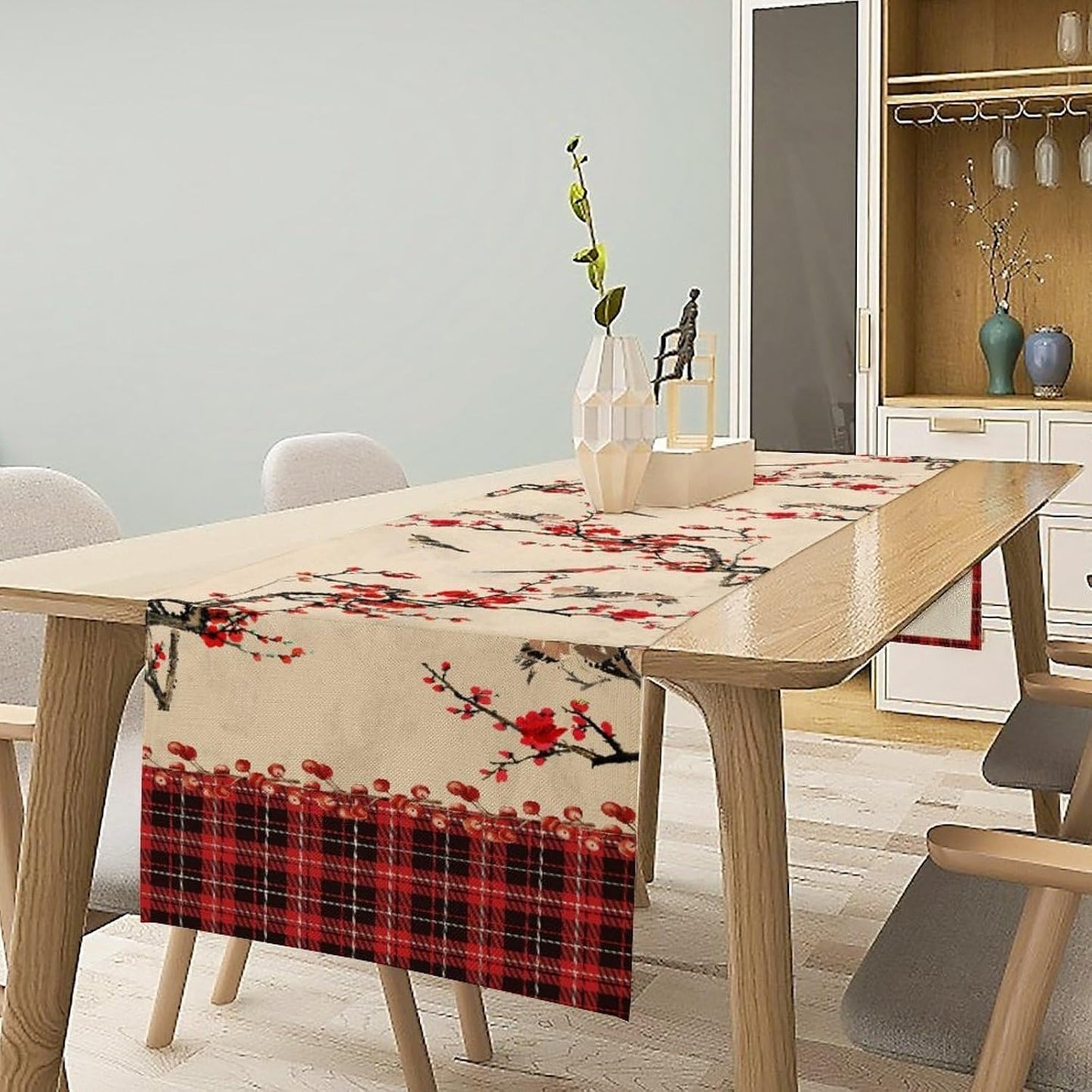Bird Table Runner,Red Black Buffalo Plaid Blossom Seasonal Table Runner for Kitchen Dining Table Decoration Home Party Decor 13x70 Inch