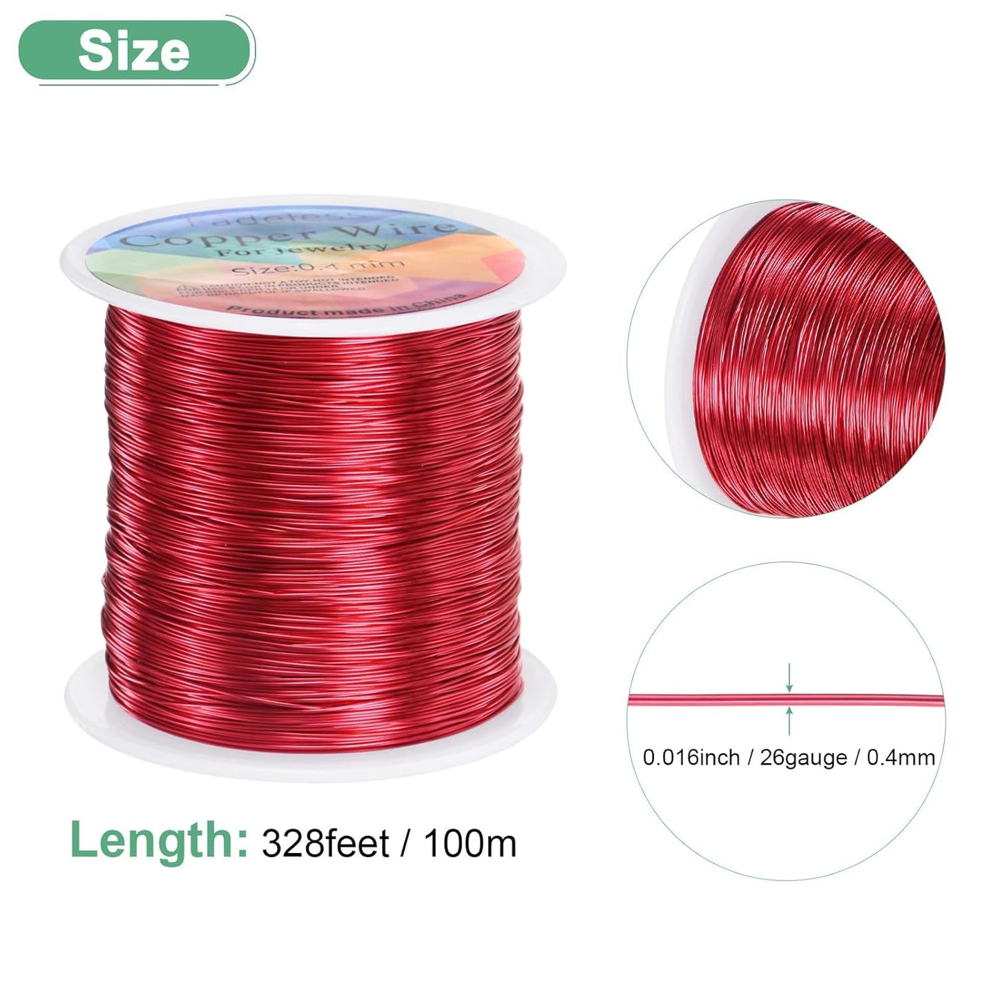 0.4mm Jewelry Wire, 26 Gauge 328FT Craft Wire Copper Beading Wire for Jewelry Making/Planting/Weaving/DIY Crafting, Soft Metal Wires [100M, Red]
