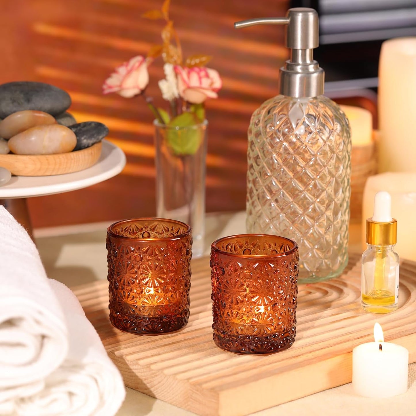 Amber Votive Candle Holder Set of 36, Flower Tea Lights Candles Holders for Wedding Table Centerpieces, Birthday Parties, Anniversary, Bridal Shower and Holiday Decorations