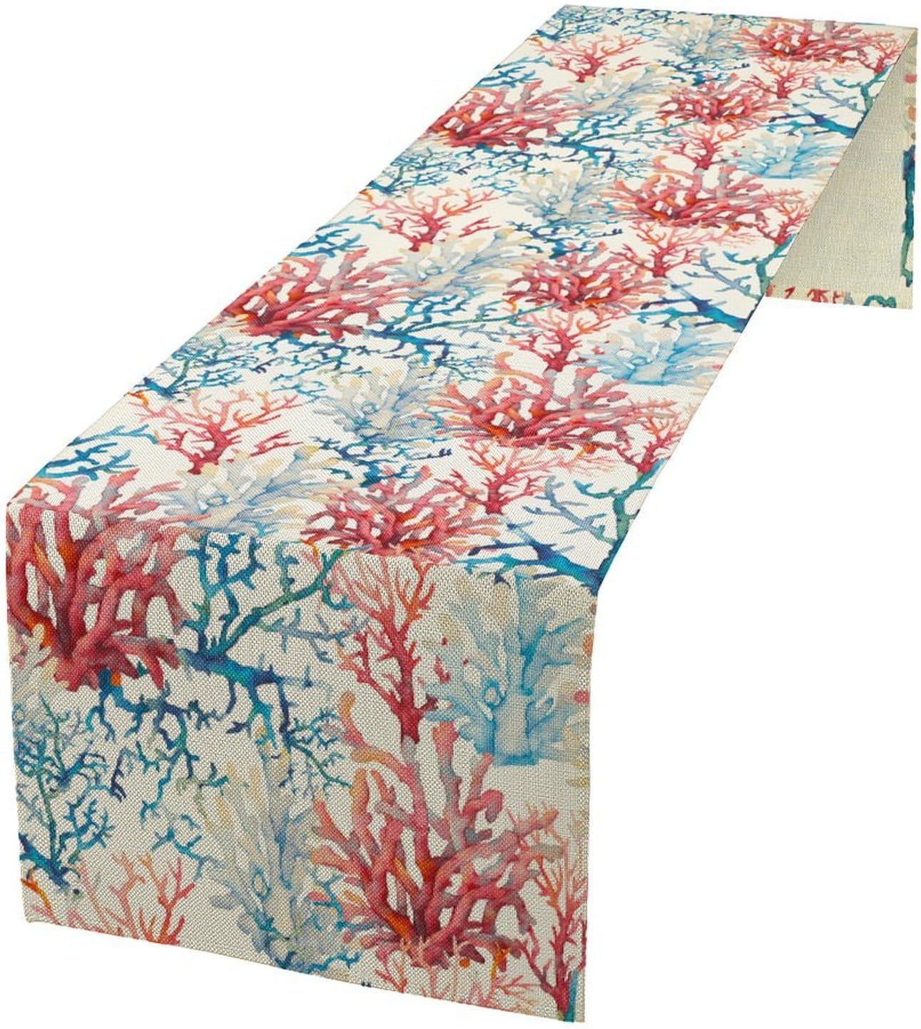 Blue Beach Table Runner, Tropical Ocean Coast Table Runner, Seashell Seasonal Nautical Restaurant Coffee Table Decorations for Home Holiday Party Indoor Outdoor 13x120 Inch