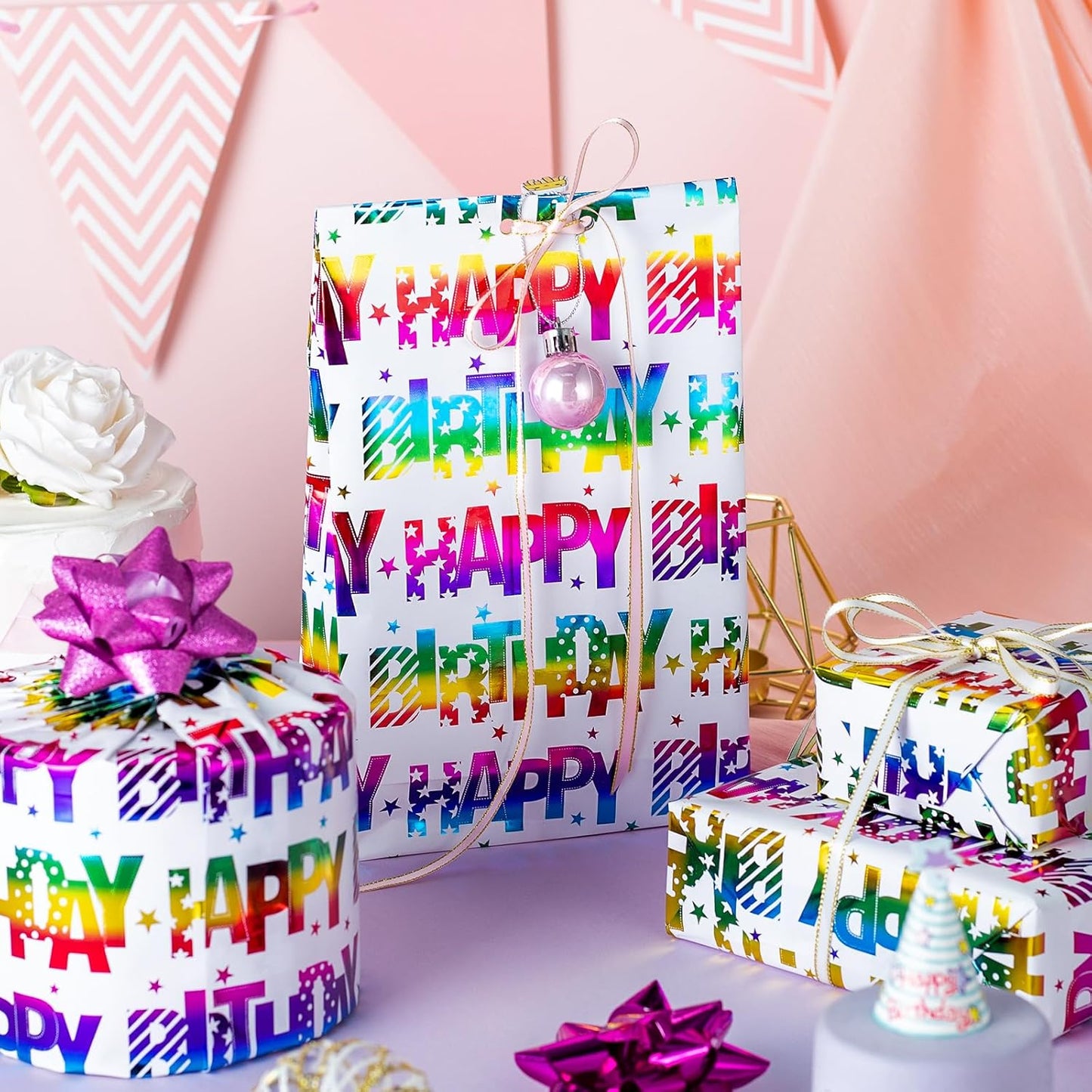 Yarcony Birthday Wrapping Paper Roll, Gift Wrapping Paper, Colorful Foil Girl Happy Birthday Gift Wrap Rainbow Present Paper for Kids Boys Girls, Holiday,Party,Baby Shower(17 Inch X 33 Feet)