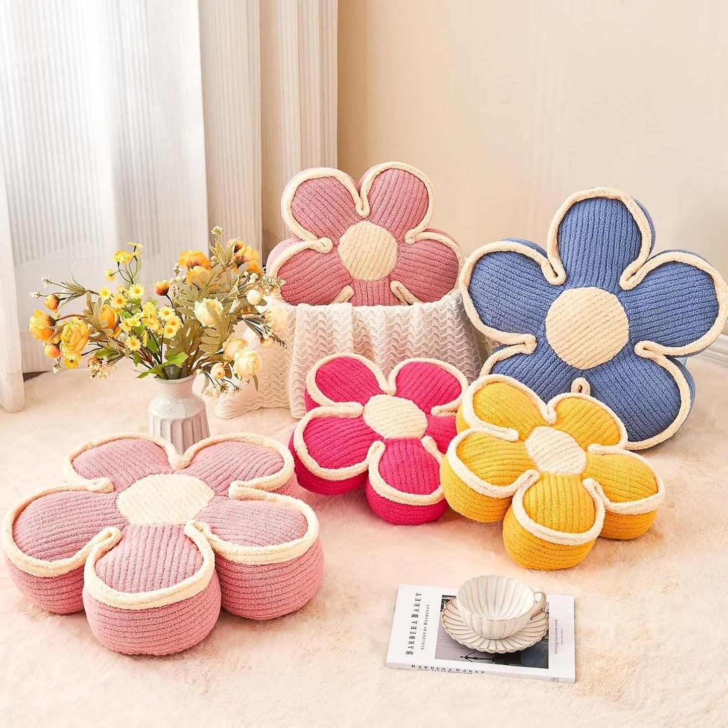 Soft Flower Shaped Floor Cushion, Decorative Throw Pillow, Cute Seating Cushion, Plush Pillow for Sofa Couch Bed (13.7 Inch, Hot Pink)