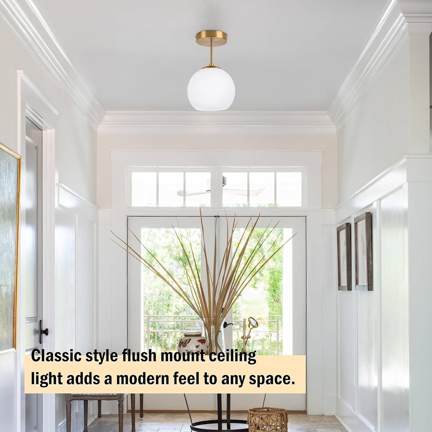 Gold Semi Flush Mount Ceiling Light Fixture Milk Glass Light Fixture Mid Century Flush Mount Ceiling Lights Brass Flush Mount Ceiling Schoolhouse Lights for Dining Room(Bulb Incl.)