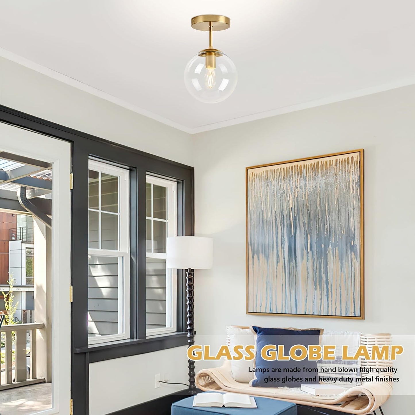 Globe Semi Flush Mount Ceiling Light, Clear Glass with Brass Finish, Contemporary Mid Century Modern Style Lighting Fixture Gold(12W 2700K LED Corn Bulb Included)