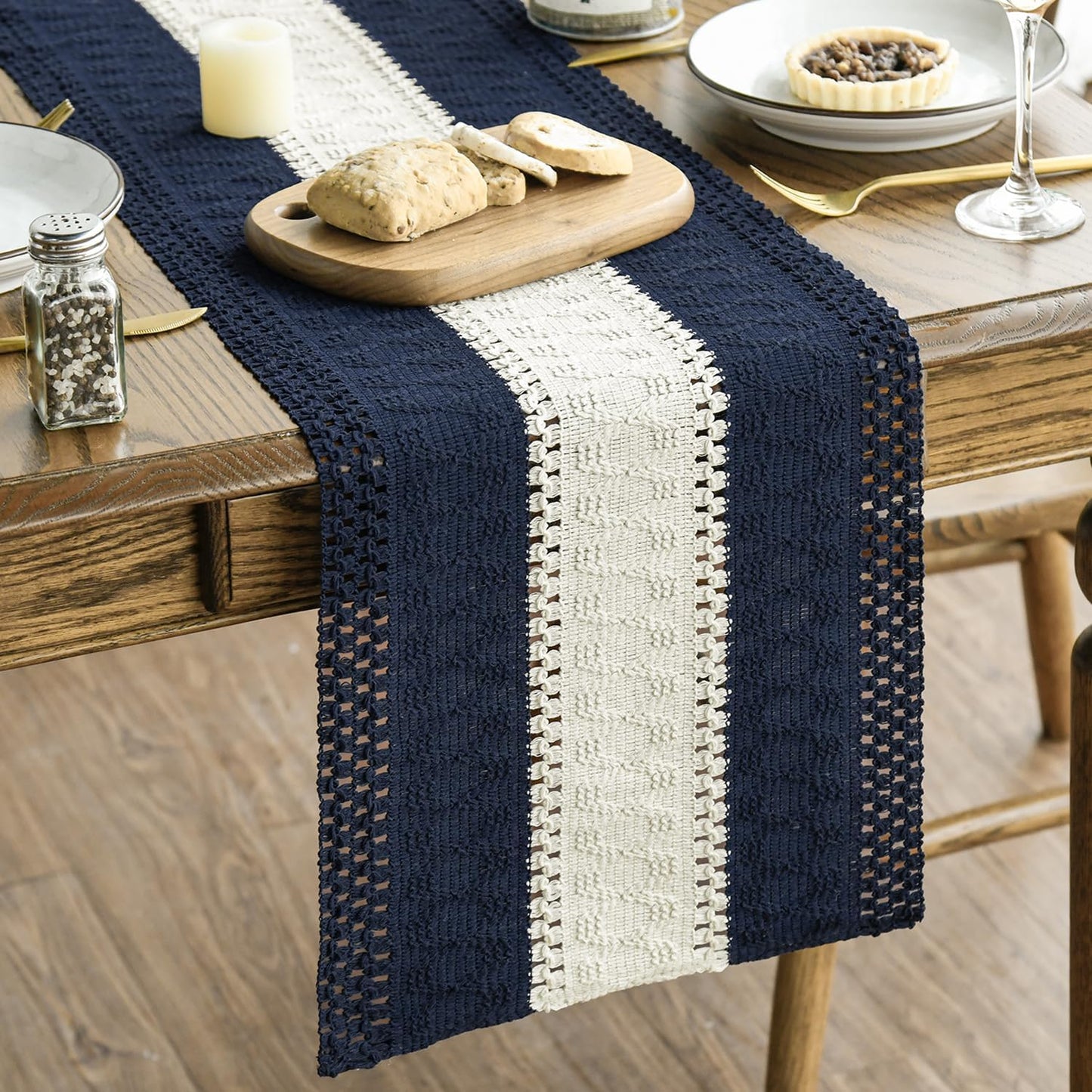 Artoid Mode Dark Blue Farmhouse Rustic Table Runner, Seasonal Hollow Kitchen Dining Table Decoration for Home Party Decor 12x120 Inch