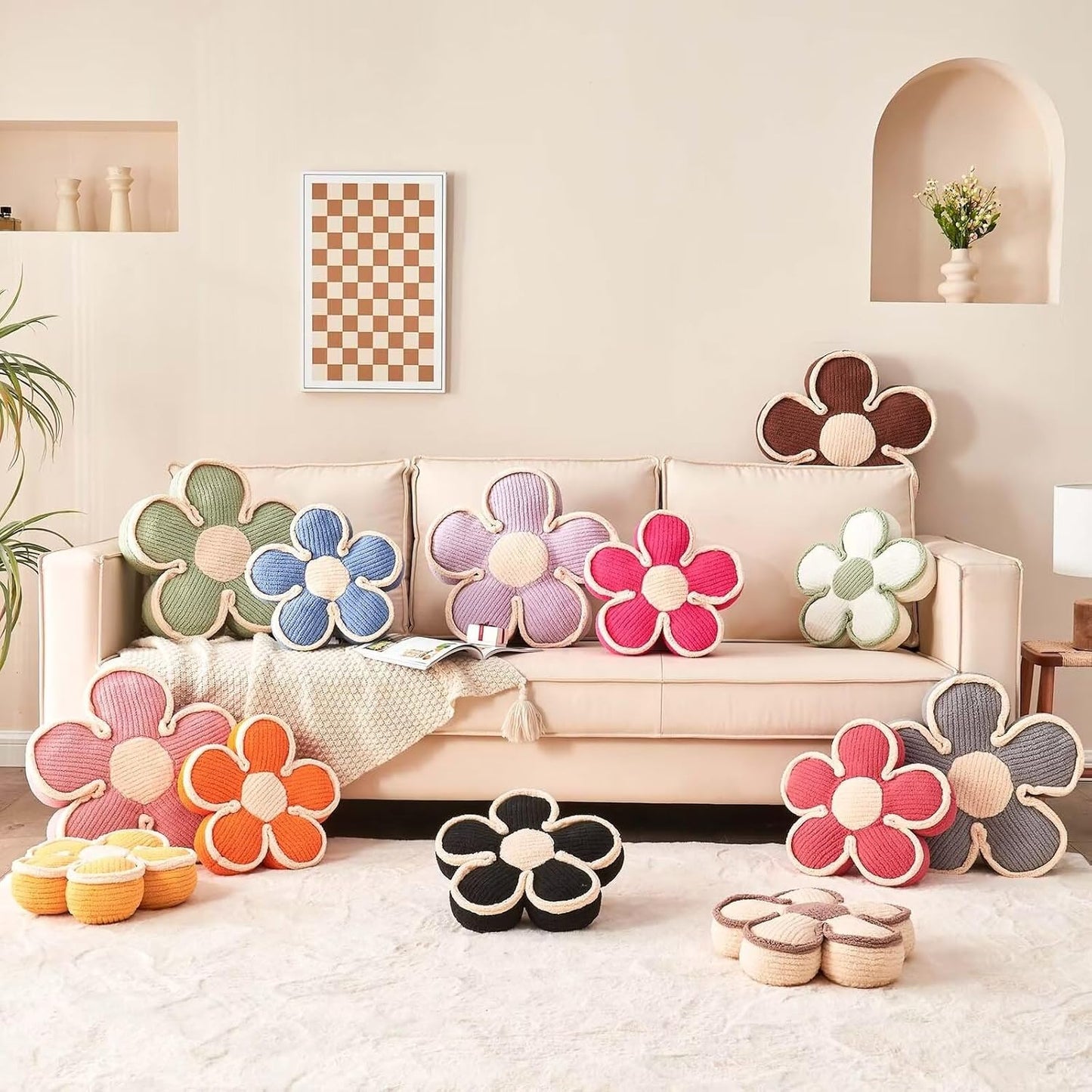 Soft Flower Shaped Floor Cushion, Decorative Throw Pillow, Seating Cushion, Room Decor Plush Pillows for Sofa Couch Bed (17.7 Inch, Ivory)