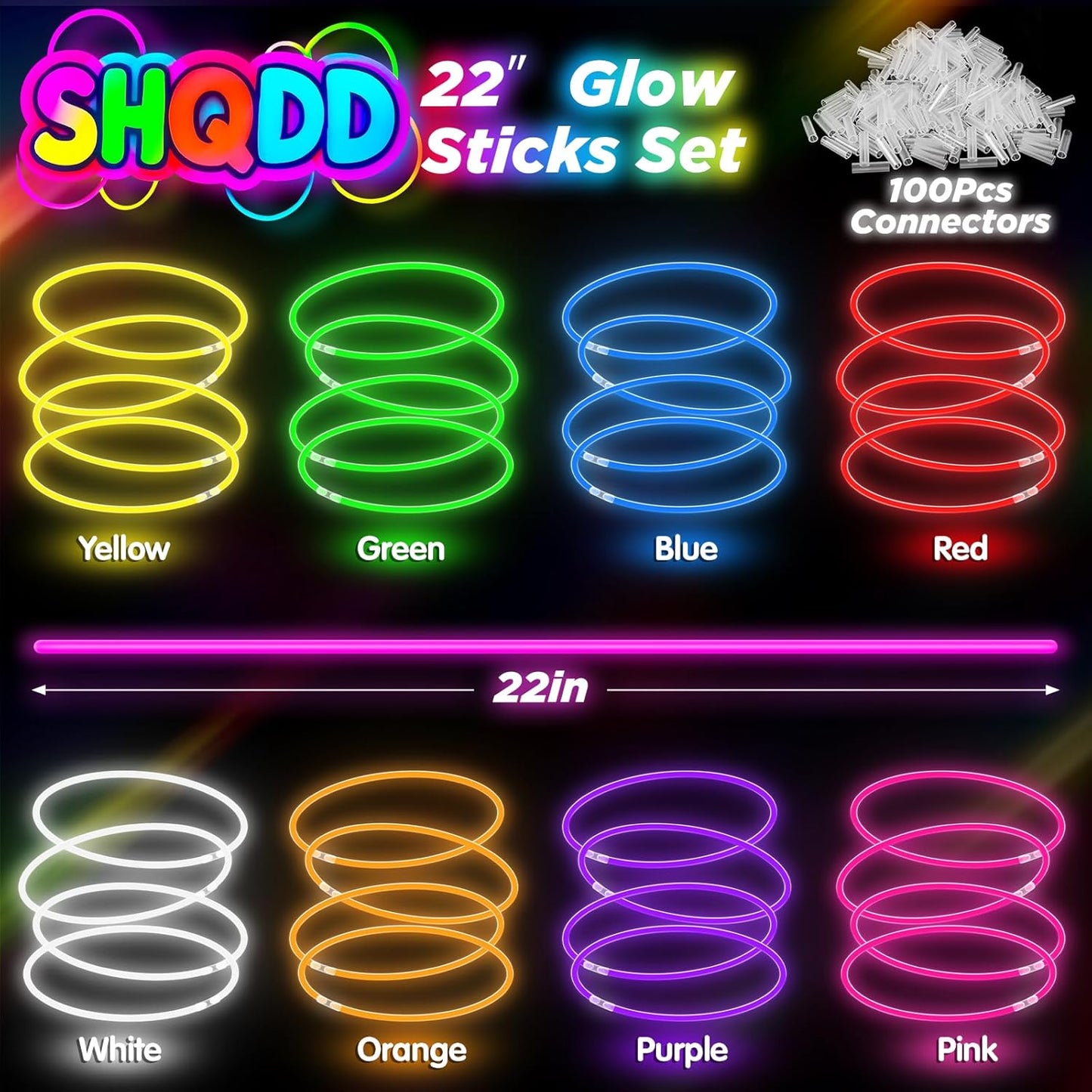 100Pcs Glow Sticks - 22 inch Glow In the Dark Sticks Party Supplies, Halloween Glow Party Pack for Kids with 9 Hours Duration, Halloween Party Favor Glow Necklace & Bracelet with 100Pcs Connectors