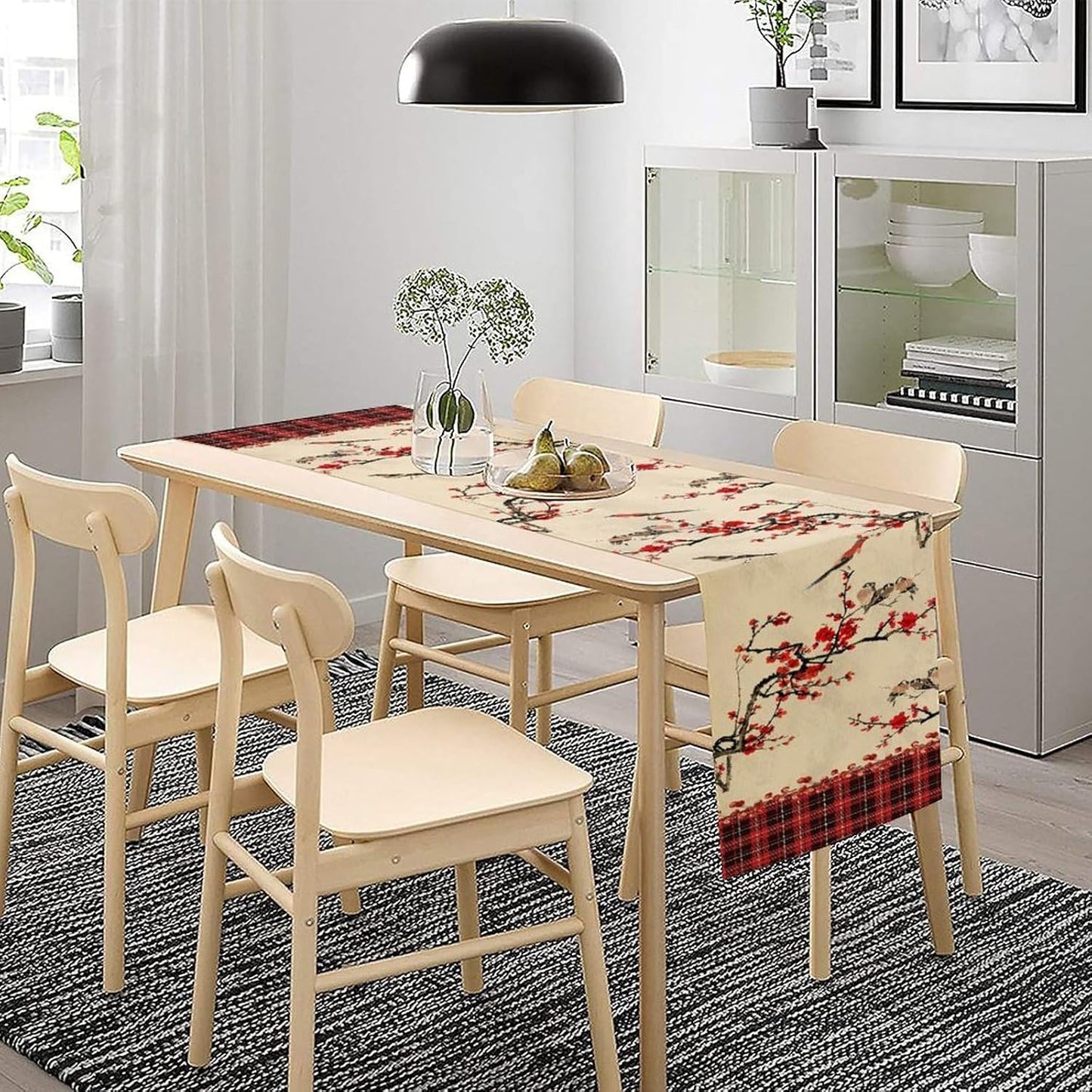 Bird Table Runner,Red Black Buffalo Plaid Blossom Seasonal Table Runner for Kitchen Dining Table Decoration Home Party Decor 13x70 Inch