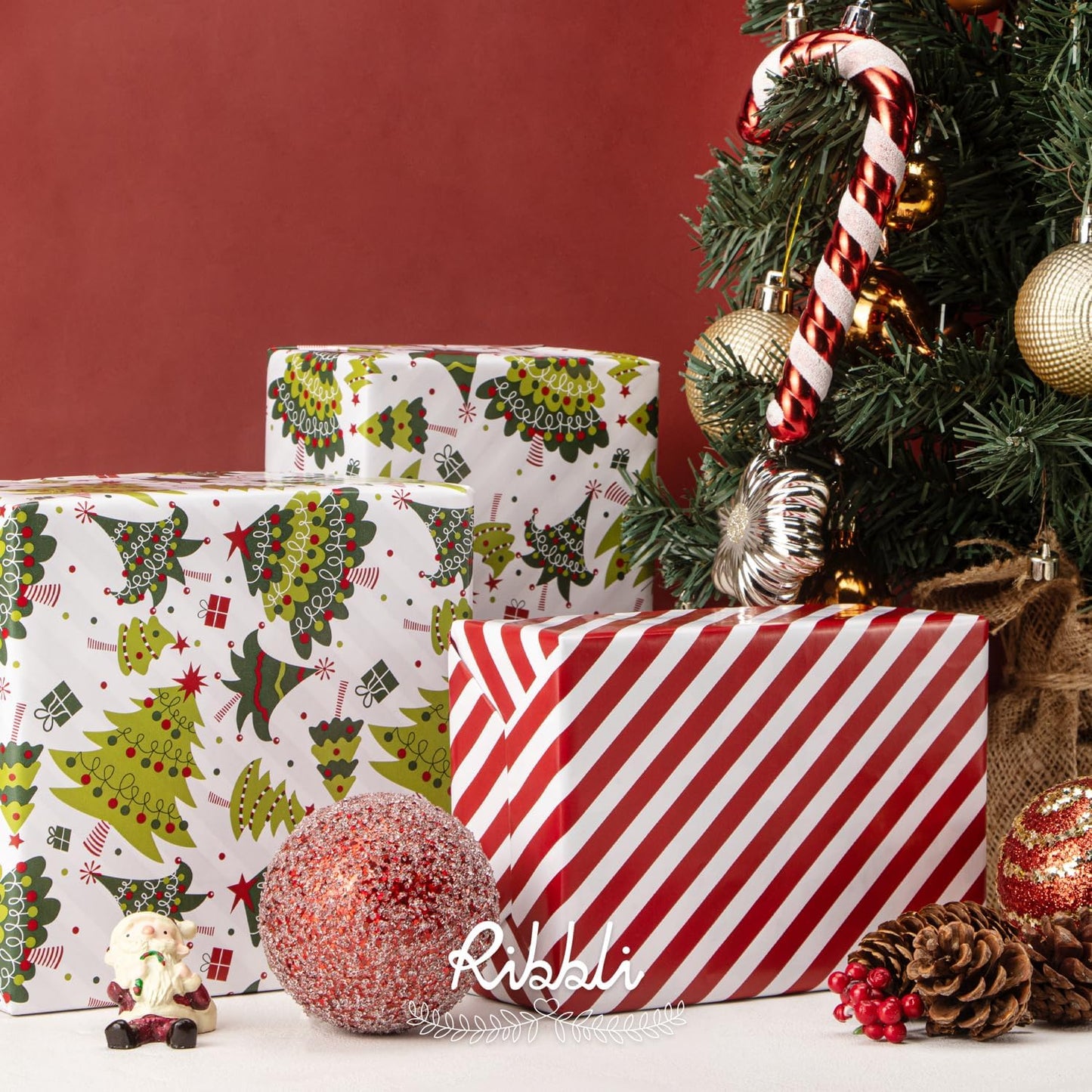 Ribbli Christmas Wrapping Paper Reversible Christmas Tree and Red White Stripe Gift Wrapping Paper-17 Inch x 33 Feet Per roll