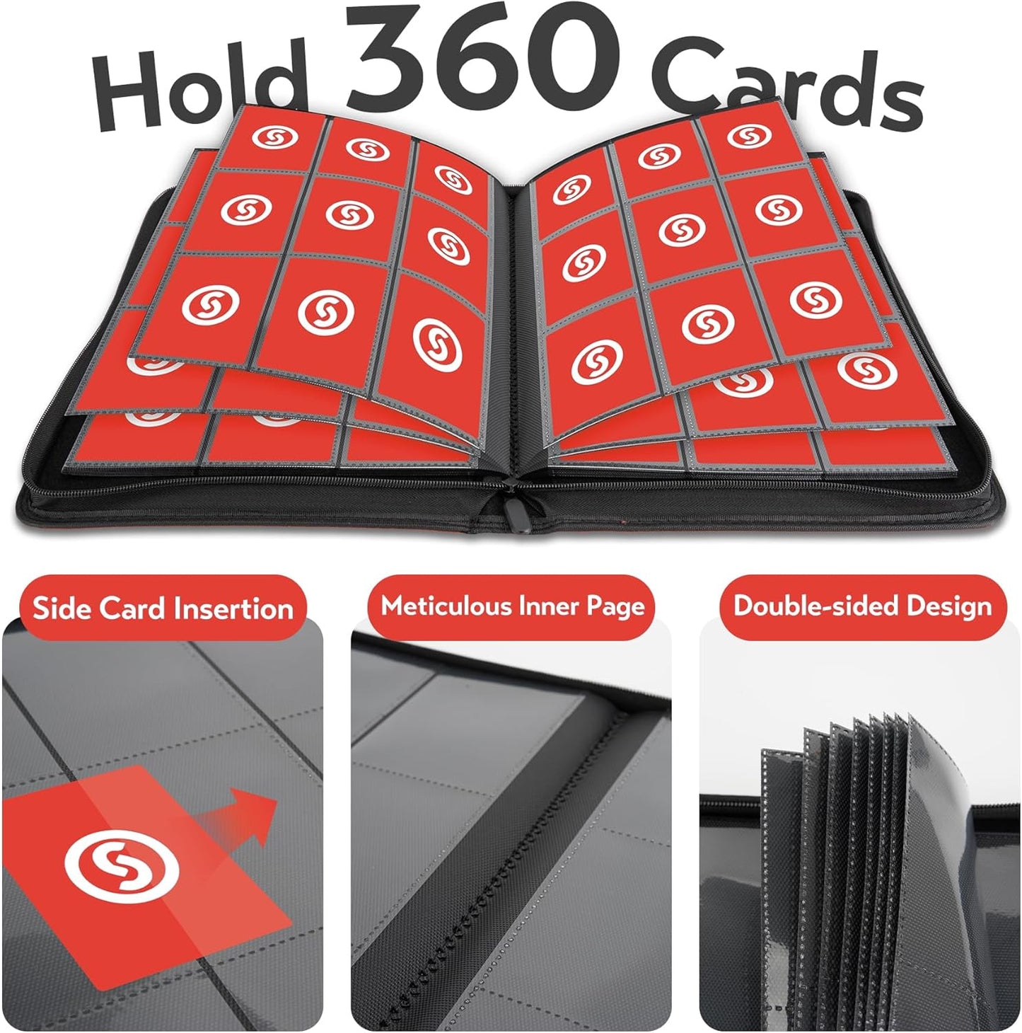 Card Binder 9 Pocket for 360 Cards - Premium Trading Card Binder with Sleeves Protection, Side Loading Card Collection Binder for TCG, MTG, YGO, One Piece Collectible Cards (Red)