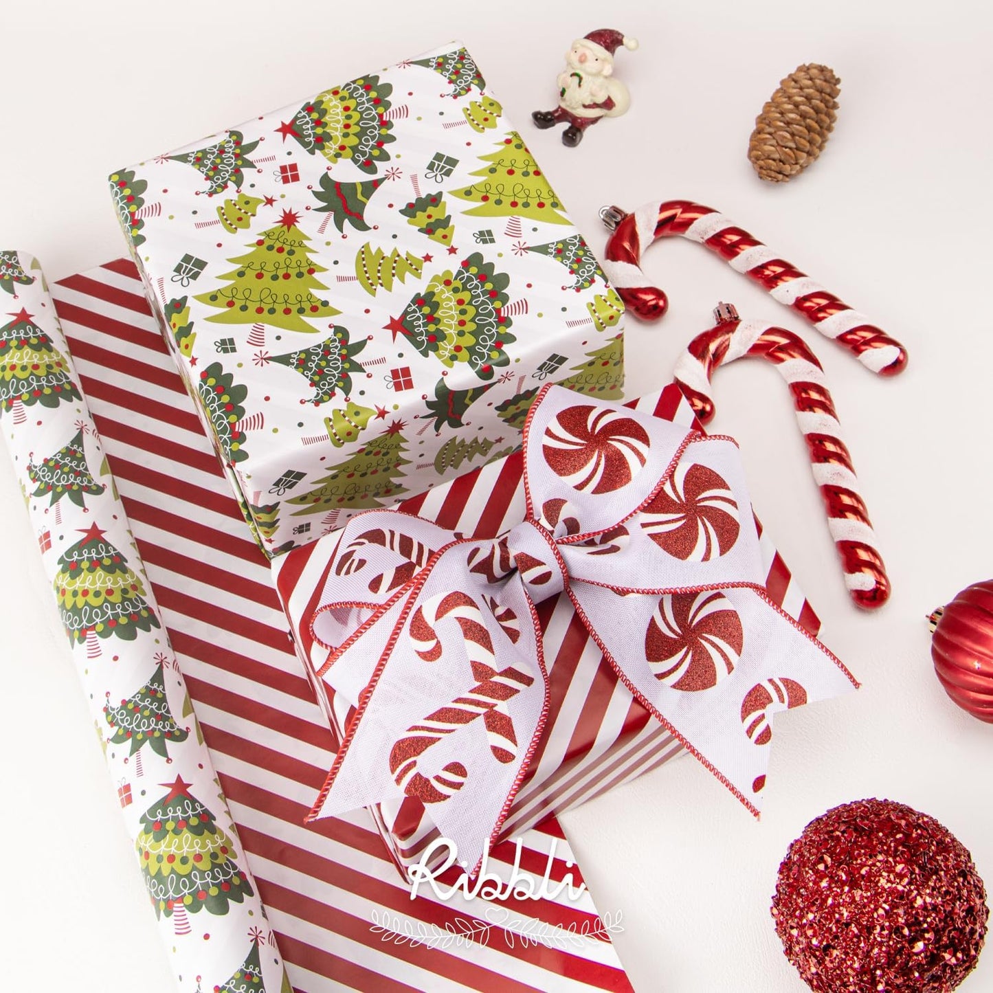 Ribbli Christmas Wrapping Paper Reversible Christmas Tree and Red White Stripe Gift Wrapping Paper-17 Inch x 33 Feet Per roll