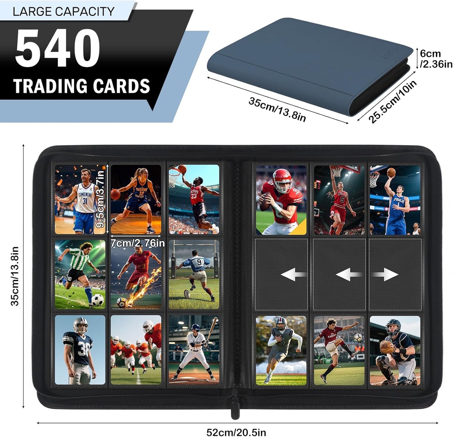 Card Binder 9 Pocket, Premium Zip Trading Card Binder, 540 Double Sided Pocket PU Collection Binder, Side-Loading Collector Album, Card Folder for MTG, TCG, Sports Cards, Navy Blue