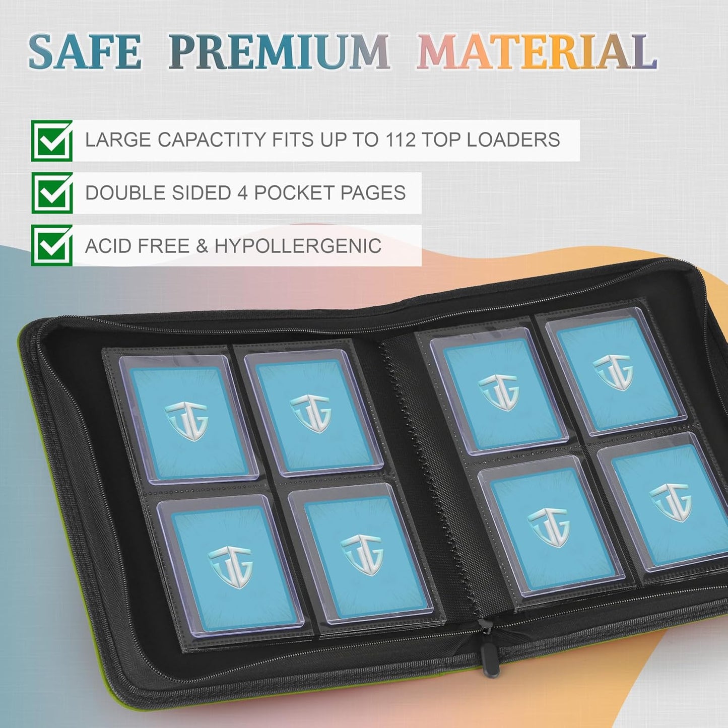 Toploader Binder,Holds 112 Toploaders, 4 Pocket Top Loader Binder for 3" x 4" Rigid Card Holders for Trading Cards or Sports Cards Binders (Green)