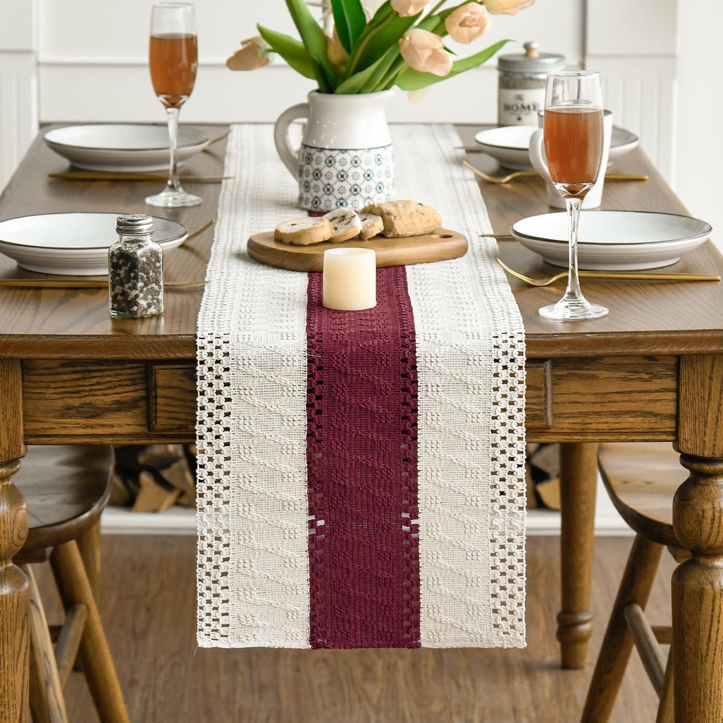 Artoid Mode Red Farmhouse Rustic Table Runner, Seasonal Holiday Hollow Kitchen Dining Table Decoration for Home Party Decor 12x108 Inch