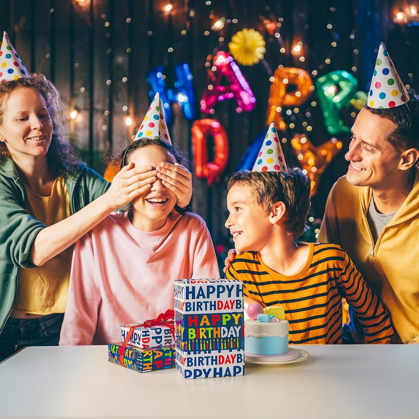 Yarcony Reversible Birthday Wrapping Paper Roll - 17 Inch X 16.5 Ft(23.4 Sq.Ft.Ttl) - Creative Colorful Happy Birthday Lettering & Candle Navy Blue Gift Wrap for Party, Baby Shower & Holiday