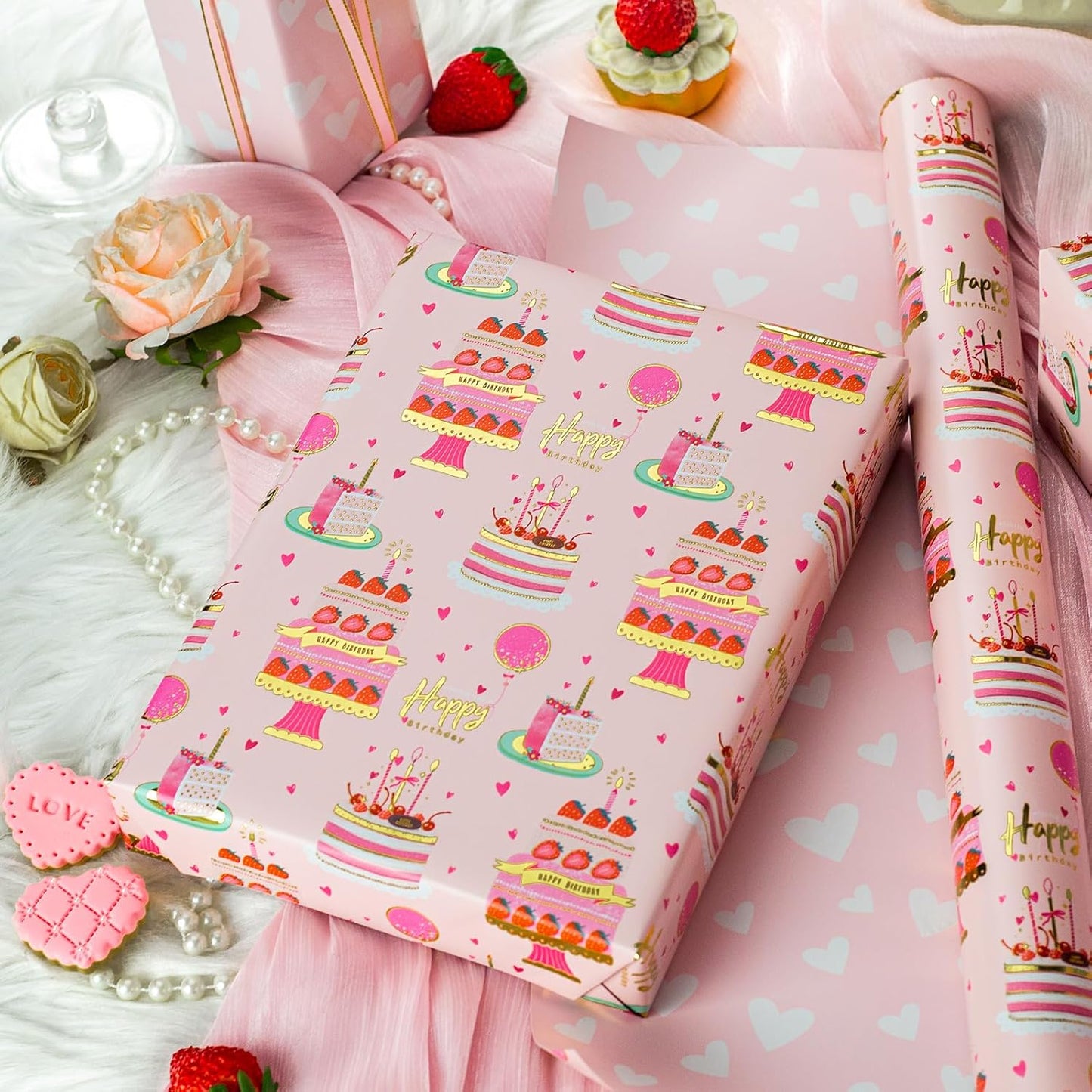 Yarcony Girls Birthday Wrapping Paper Roll, Pink Gift Wrapping Paper,Metallic Foil Pink Cartoon-Style Birthday Cakes Gift Wrap for Kid Party,Baby Shower,Wedding, Holiday,Christmas(17 Inch X 33 Feet)