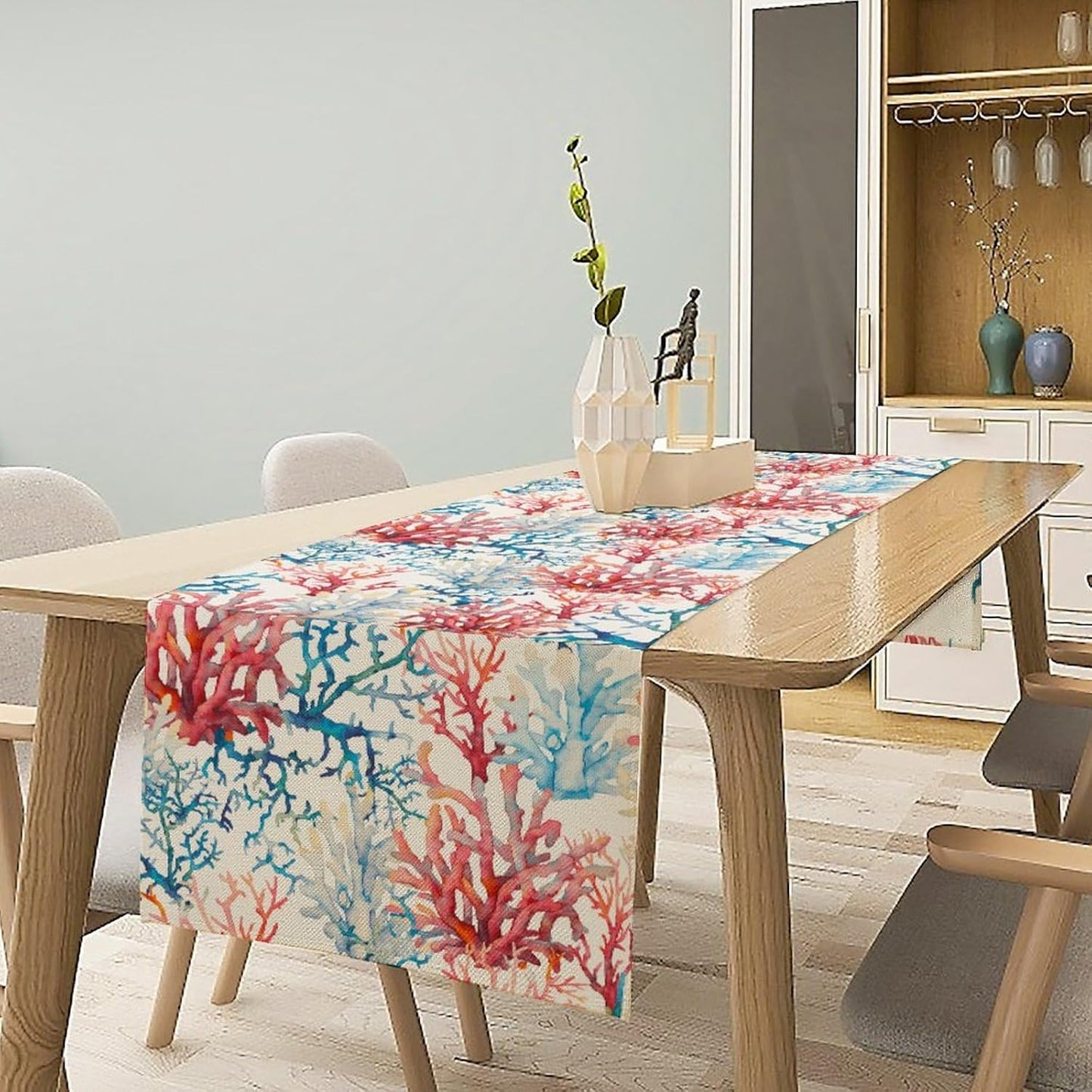 Blue Beach Table Runner, Tropical Ocean Coast Table Runner, Seashell Seasonal Nautical Restaurant Coffee Table Decorations for Home Holiday Party Indoor Outdoor 13x120 Inch