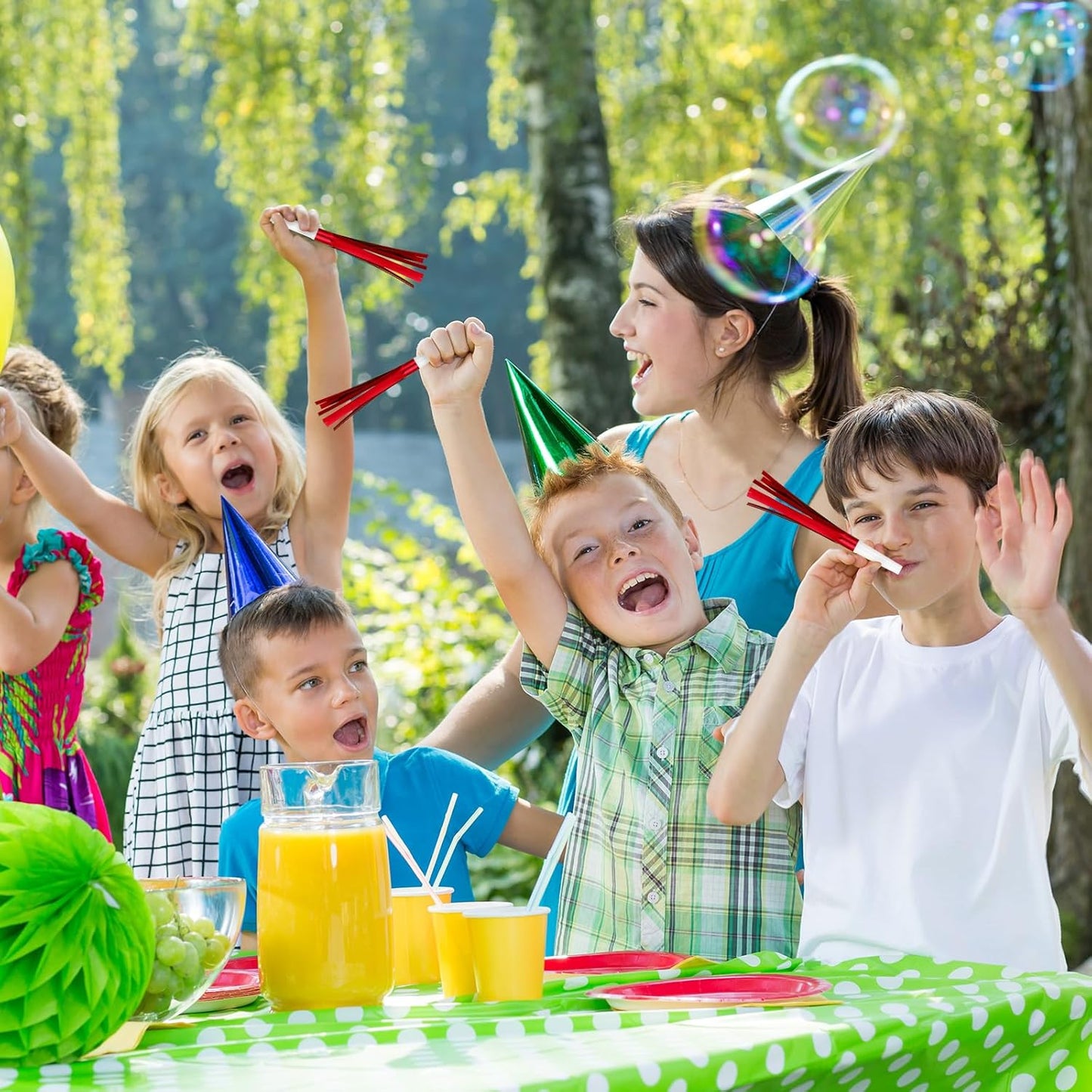 48 Pcs Noise Makers Glitter Metallic Fringed Noise Makers Horns for Baby Shower, Kids Birthday, New Year Party Favor - White Red