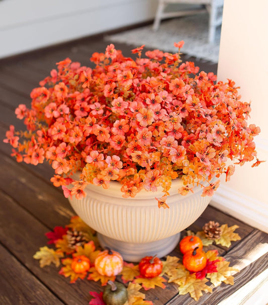 HyeFlora Artificial Fall Flowers Faux Mums for Outdoor Indoor Garden Home Decoration, Faux Flower Daisy with Eucalyptus Leaves Fake Mums Plants Greenery Boxwood Porch Patio, 12 Bundles (F Orange)