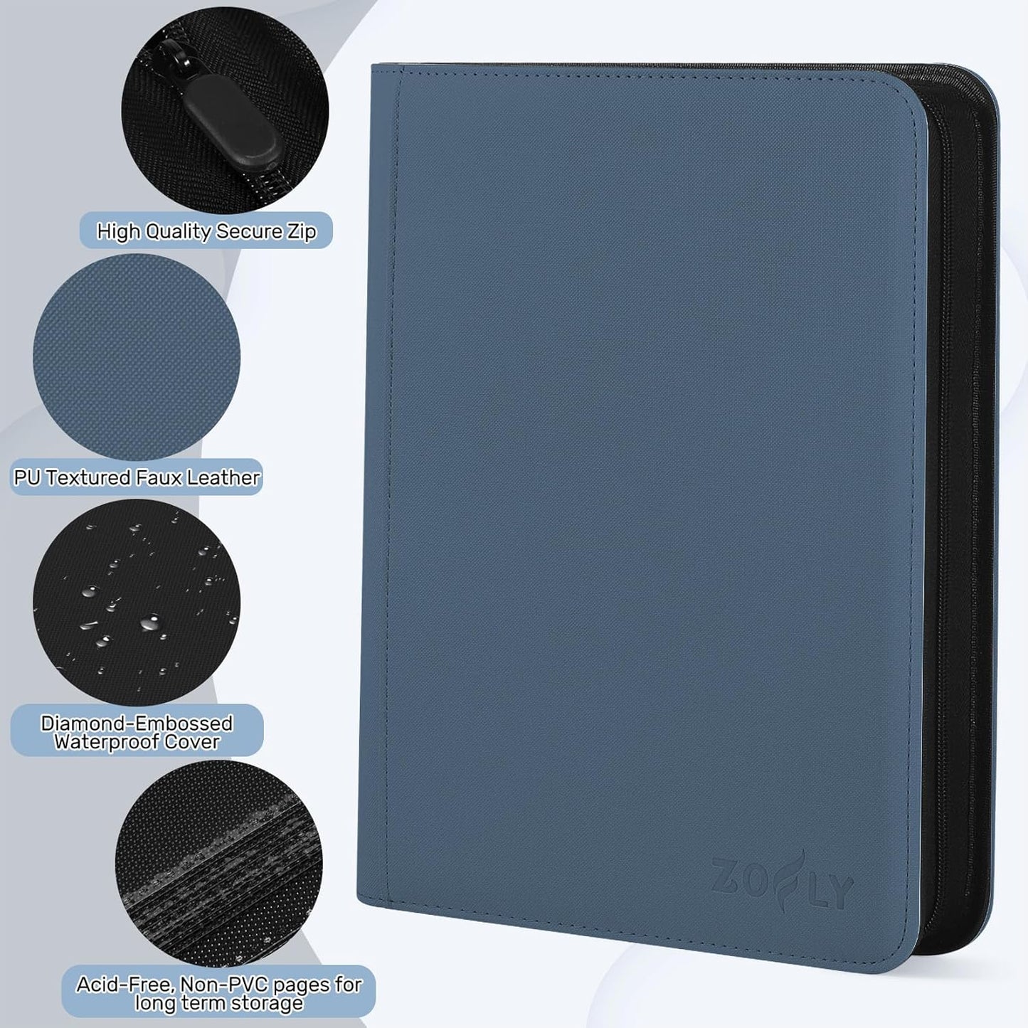 Card Binder 9 Pocket, Premium Zip Trading Card Binder, 540 Double Sided Pocket PU Collection Binder, Side-Loading Collector Album, Card Folder for MTG, TCG, Sports Cards, Navy Blue