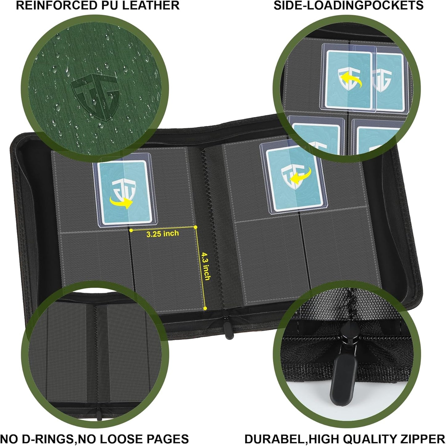 Toploader Binder,Holds 112 Toploaders, 4 Pocket Top Loader Binders for 3" x 4" Rigid Card Holders for Trading Cards or Sports Cards Binder (Dark Green)