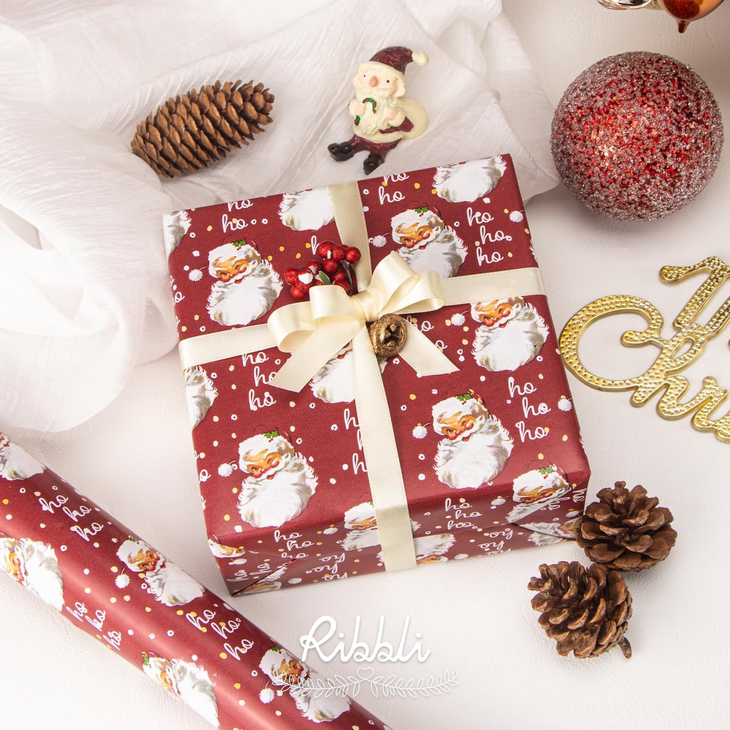 Ribbli Christmas Wrapping Paper Reversible Vintage Santa and Merry Christmas Red White Gift Wrapping Paper Rolls-17 Inch x 33 Feet