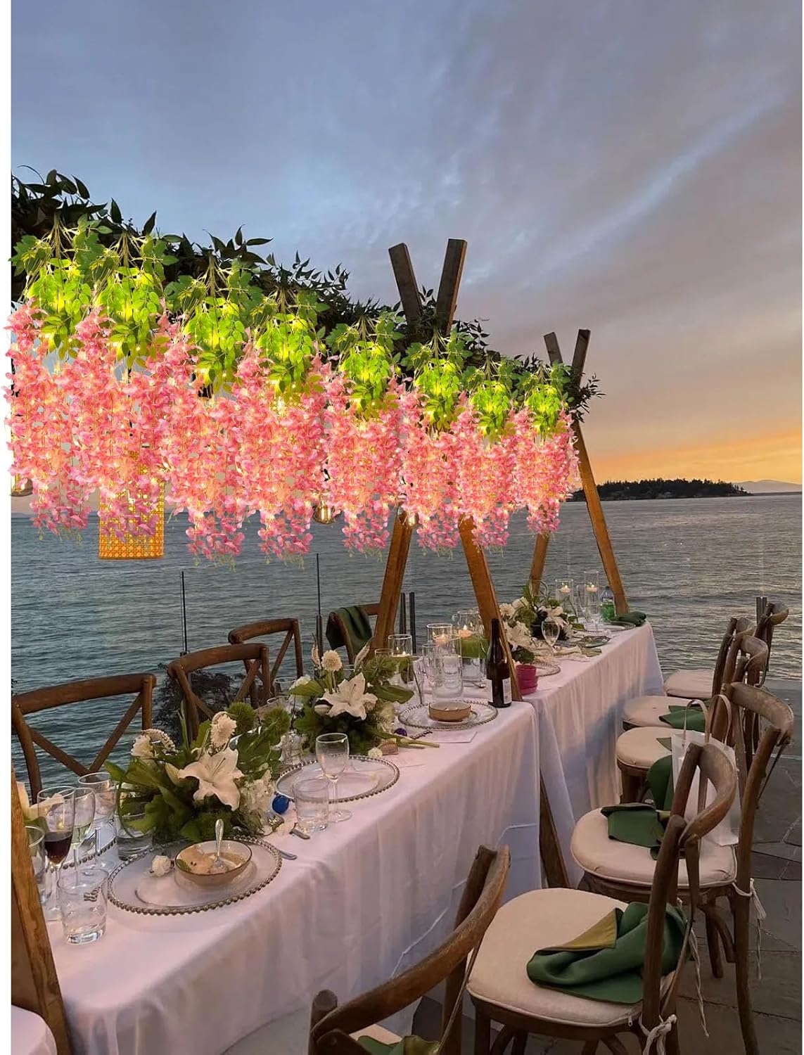 12 Pack Dark Pink Wisteria Hanging Flowers Garland with Lights, 3.44 Feet Artificial Flower Vines, Fake Wisteria, Artificial Vines Hanging Garland for Backdrop Outdoor Patio Garden Decor