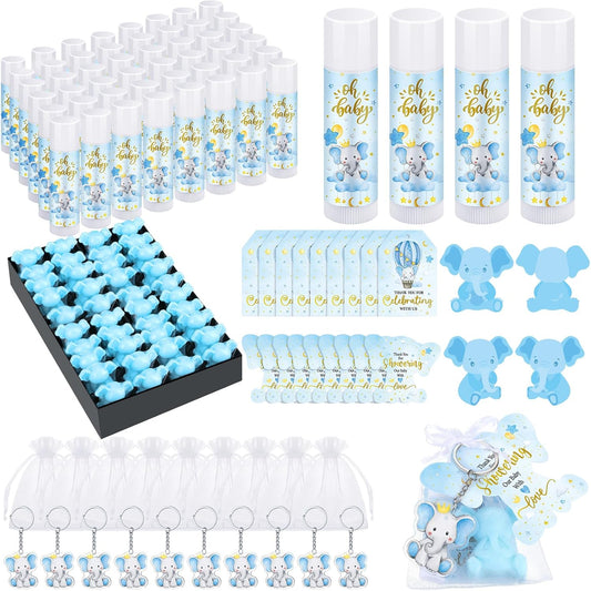 288 Baby Shower Favors Baby Shower Gifts Bulk Lip Balms Soaps Keychains Organza Bags Guest Appreciation Gift with Thank You Tags and Cards for Boys Girls Guest Gift(Blue,Elephant)