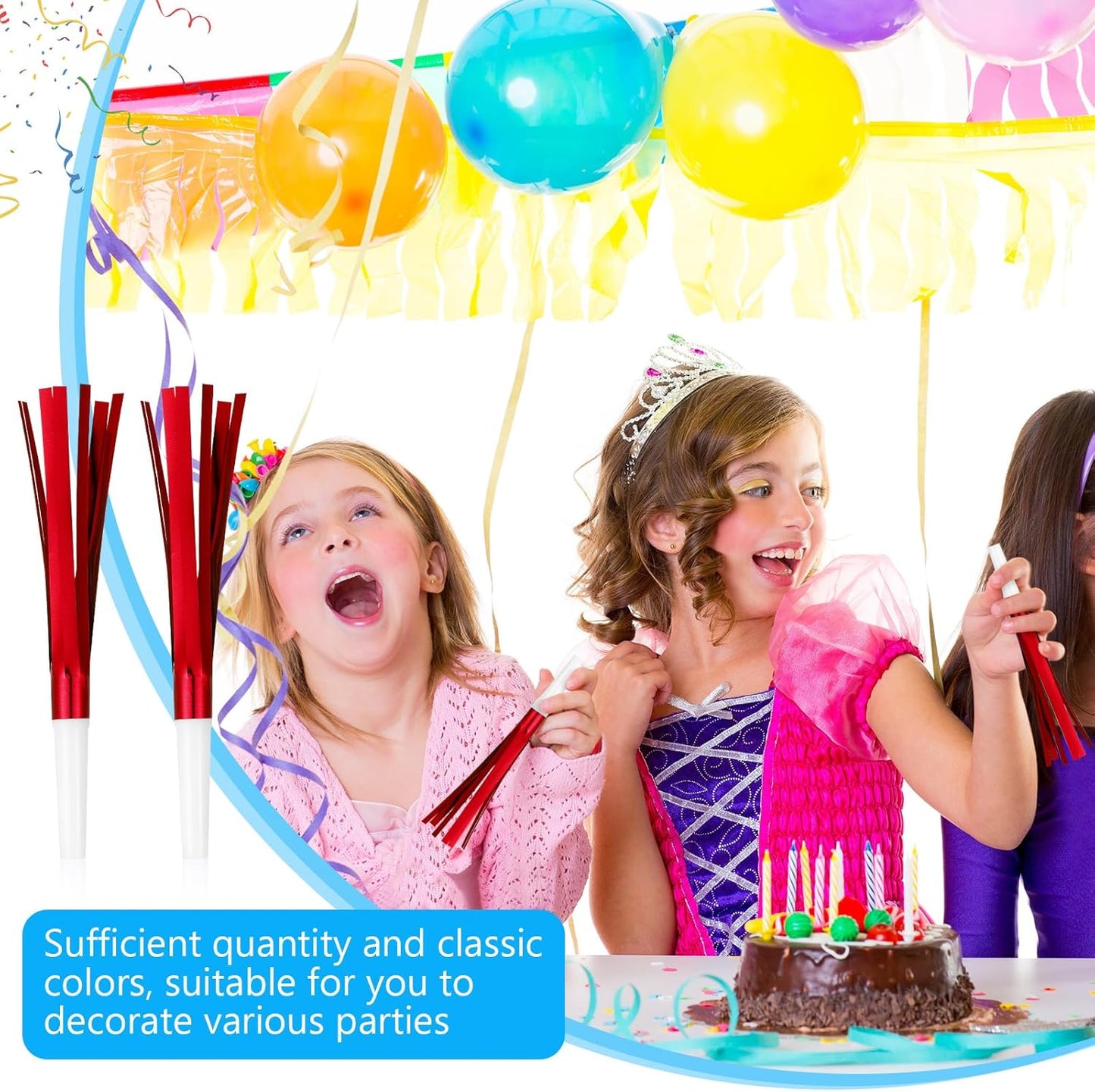 48 Pcs Noise Makers Glitter Metallic Fringed Noise Makers Horns for Baby Shower, Kids Birthday, New Year Party Favor - White Red