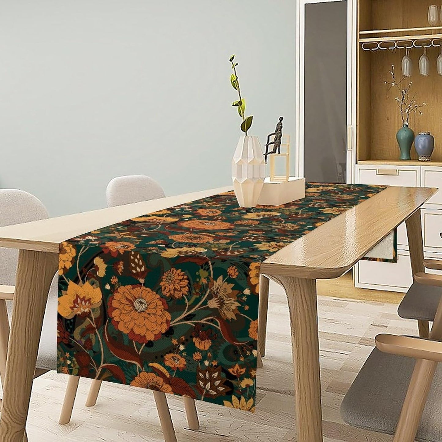 Orange Boho Floral Table Runner, Vintage Bohemian Home Kitchen Table Decoration for Birthday Party Picnic Decoration 13x90 Inch 1PCS