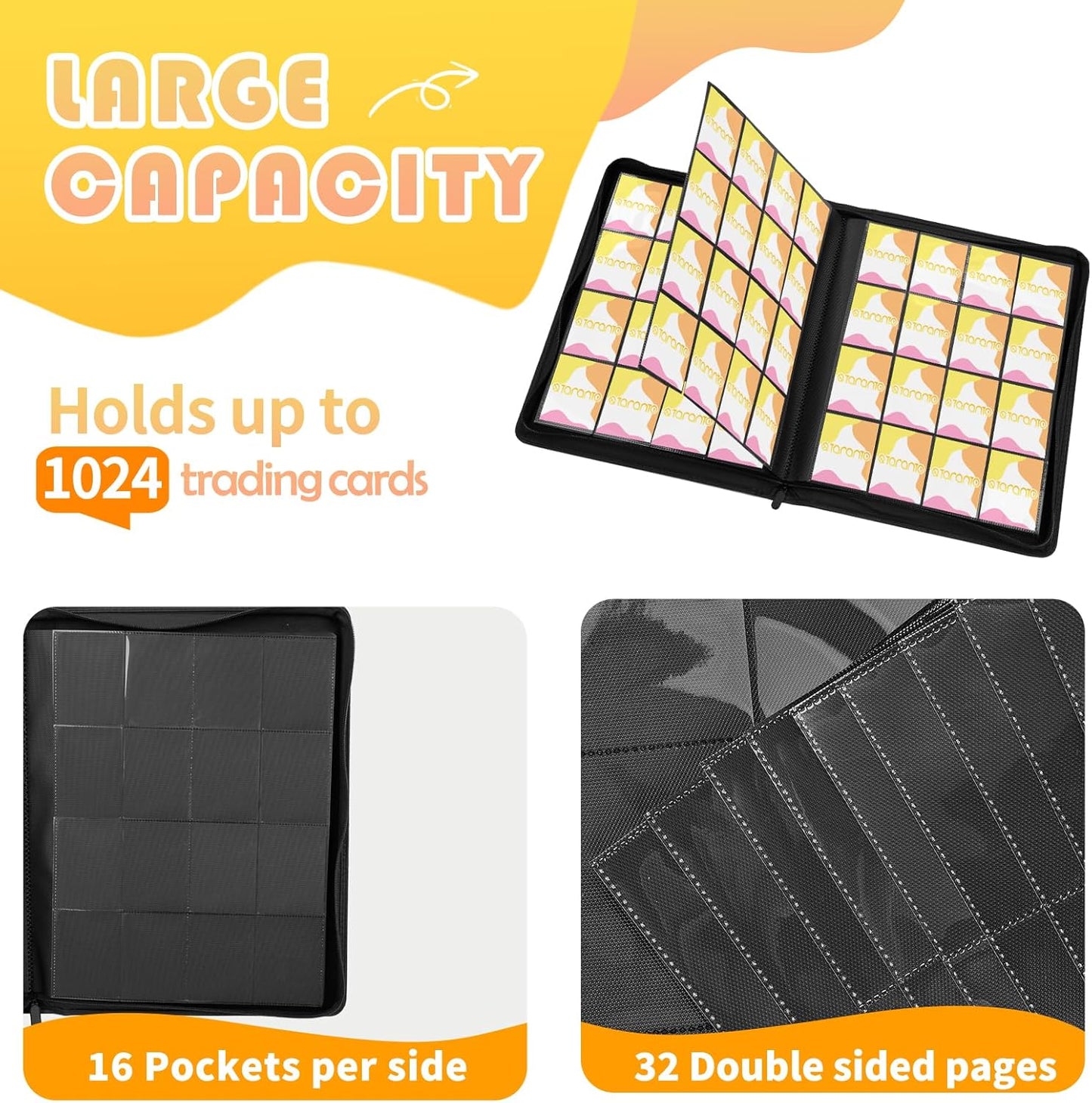 Premium 1000+ Pockets Trading Card Binder, 16-Pocket Ringless Side-Loading Album for TCG, MTG, Lorcana, Sports & Standard-Size Cards (Black1)