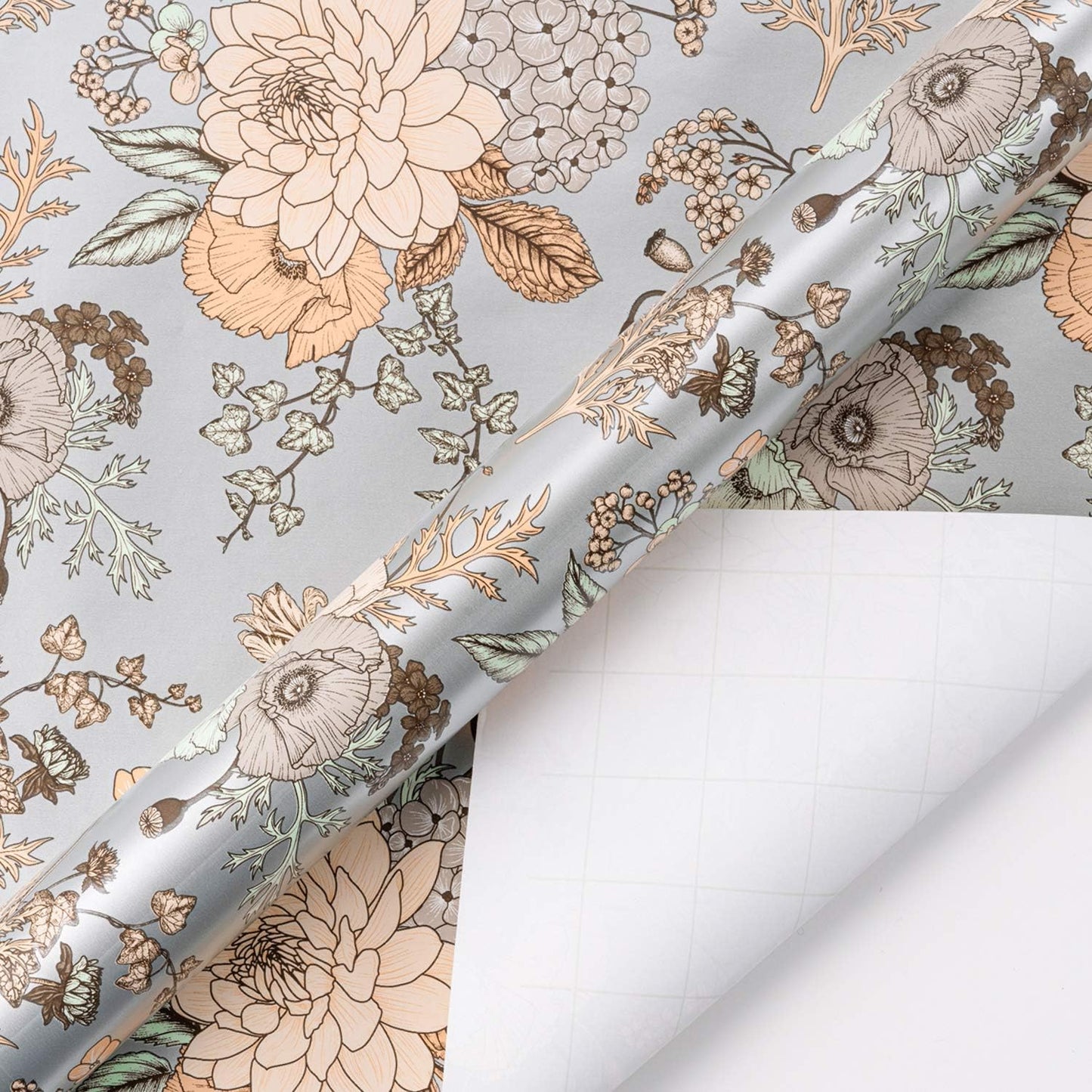 WRAPAHOLIC 30 Inch Jumbo Floral Wrapping Paper - 30 Inch X 33 Feet - Pearlized Silver Vintage Floral Wedding Wrapping Paper for Birthday, Bridal Shower, Baby Shower
