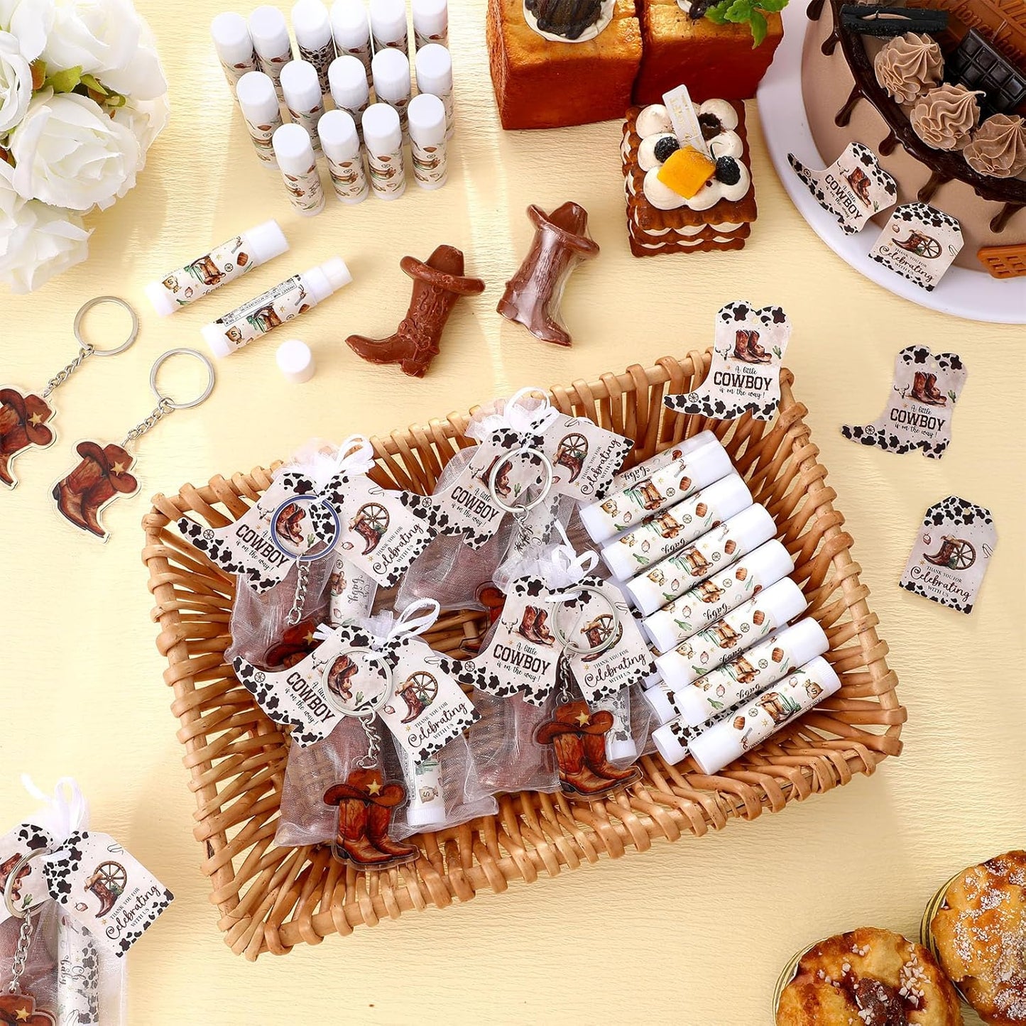 288 Baby Shower Favors Baby Shower Gifts Bulk Lip Balms Soaps Keychains Organza Bags Guest Appreciation Gift with Thank You Tags and Cards for Boys Girls Guest Gift (Brown,Cowboy)