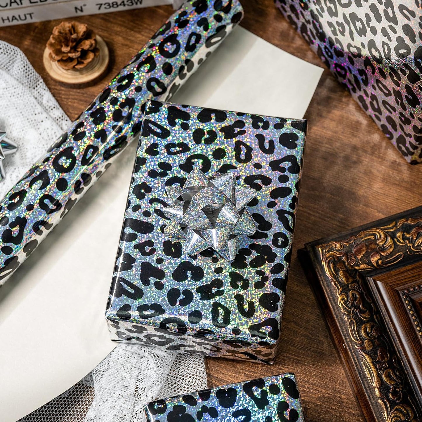 Yarcony Leopard Wrapping Paper Roll, Bold Animals Prints Wrapping Paper, Glitter Black White Cheetah Gift Wrap w/Metallic Shine for Birthday, Graduatios, Bachelorette, Christmas (17 Inch X 33 Feet)