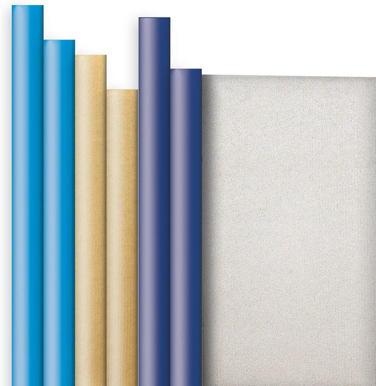 Jillson Roberts 6 Roll-Count Solid Color Hanukkah Gift Wrap Available in 2 Different Assortments, Double-Sided Kraft Blue and Gold/Silver and Gold/Royal and Silver