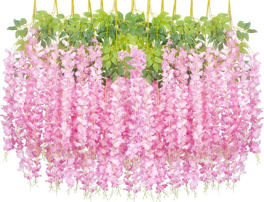 24 Pack Artificial Fake Wisteria Vine Ratta (3.75 Feet) Hanging Garland Silk Flowers String Home Party Wedding Decor(Pink)
