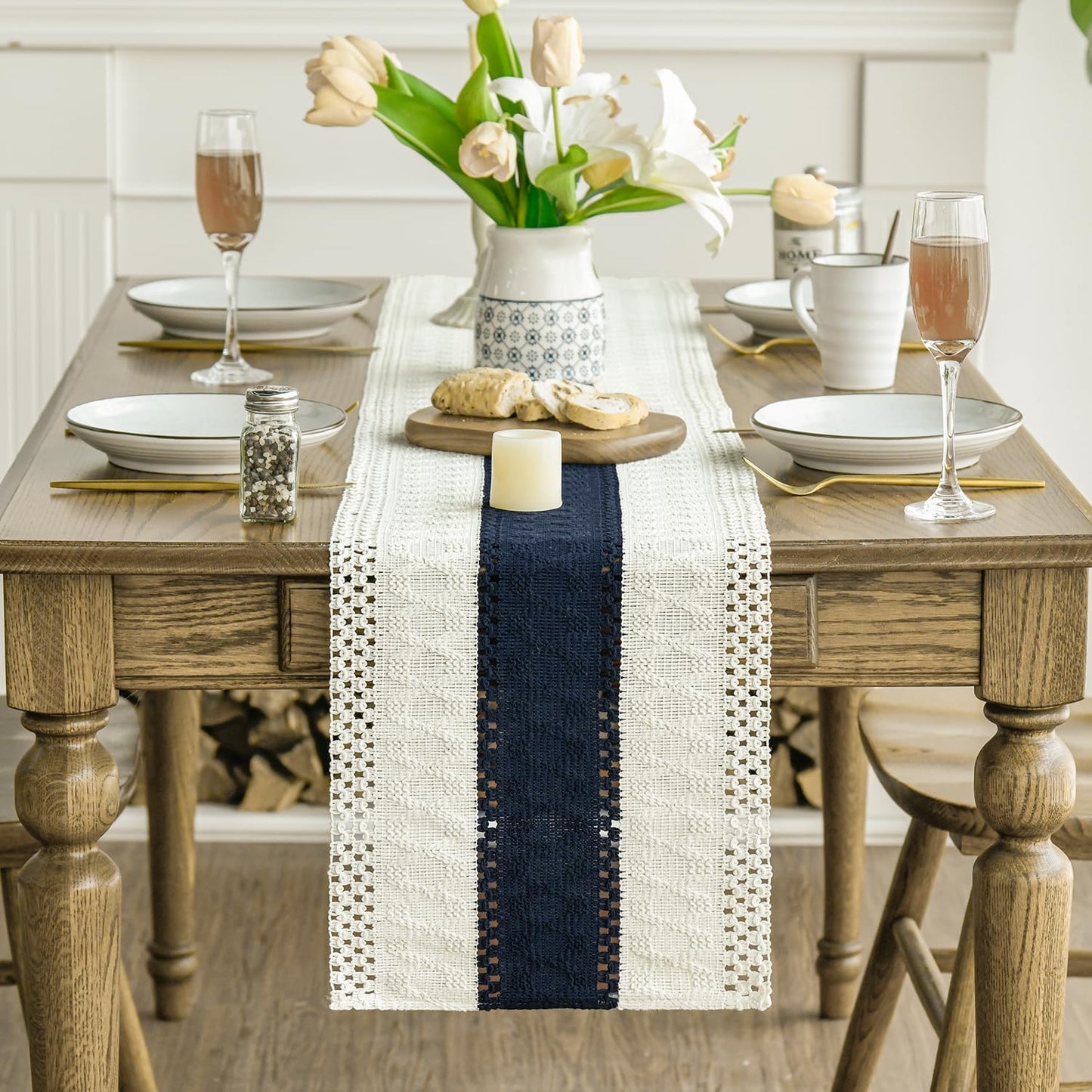 Artoid Mode Dark Blue Farmhouse Rustic Table Runner, Seasonal Holiday Hollow Kitchen Dining Table Decoration for Home Party Decor 12x108 Inch