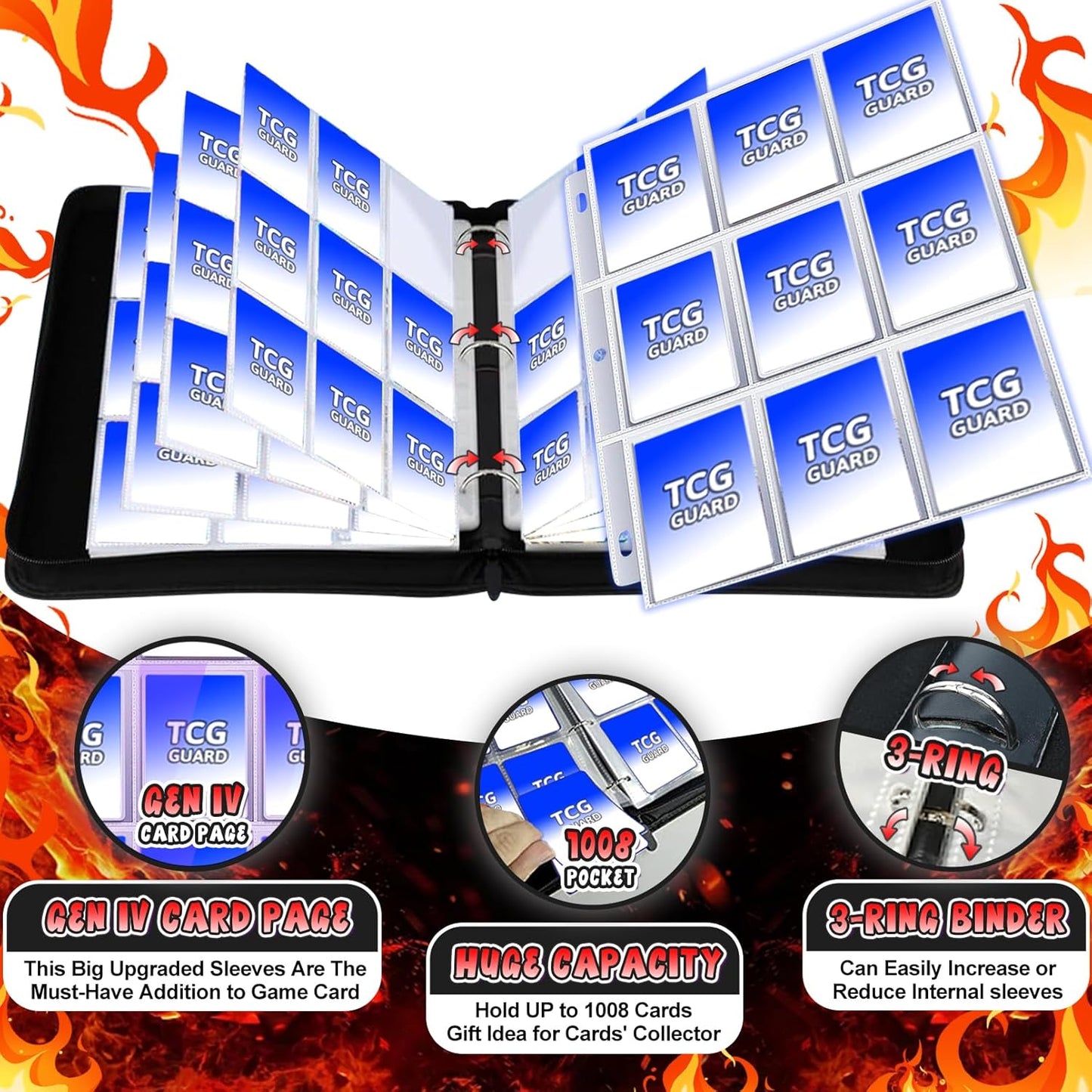 1008 Card Binder 9 Pocket, 3-Ring Trading Card Binder with 56 Page Removable Sleeves, High Storage Waterproof Trading Card Holder Collection Card Album Carrying Organizer Case for MTG TCG Cards -Fire