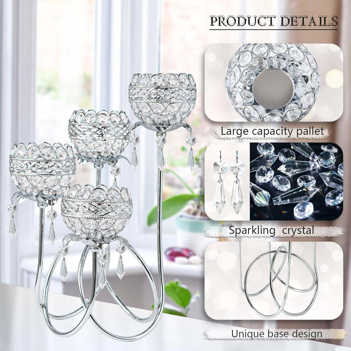 4 Arms Crystal Candelabra Tealight Holder - Tall 15.7 Inch Elegant Centerpiece with Crystal Pendant Bowls & Artistic Metal Stand for Wedding, Dining Table, Home Decor (4, Silver)